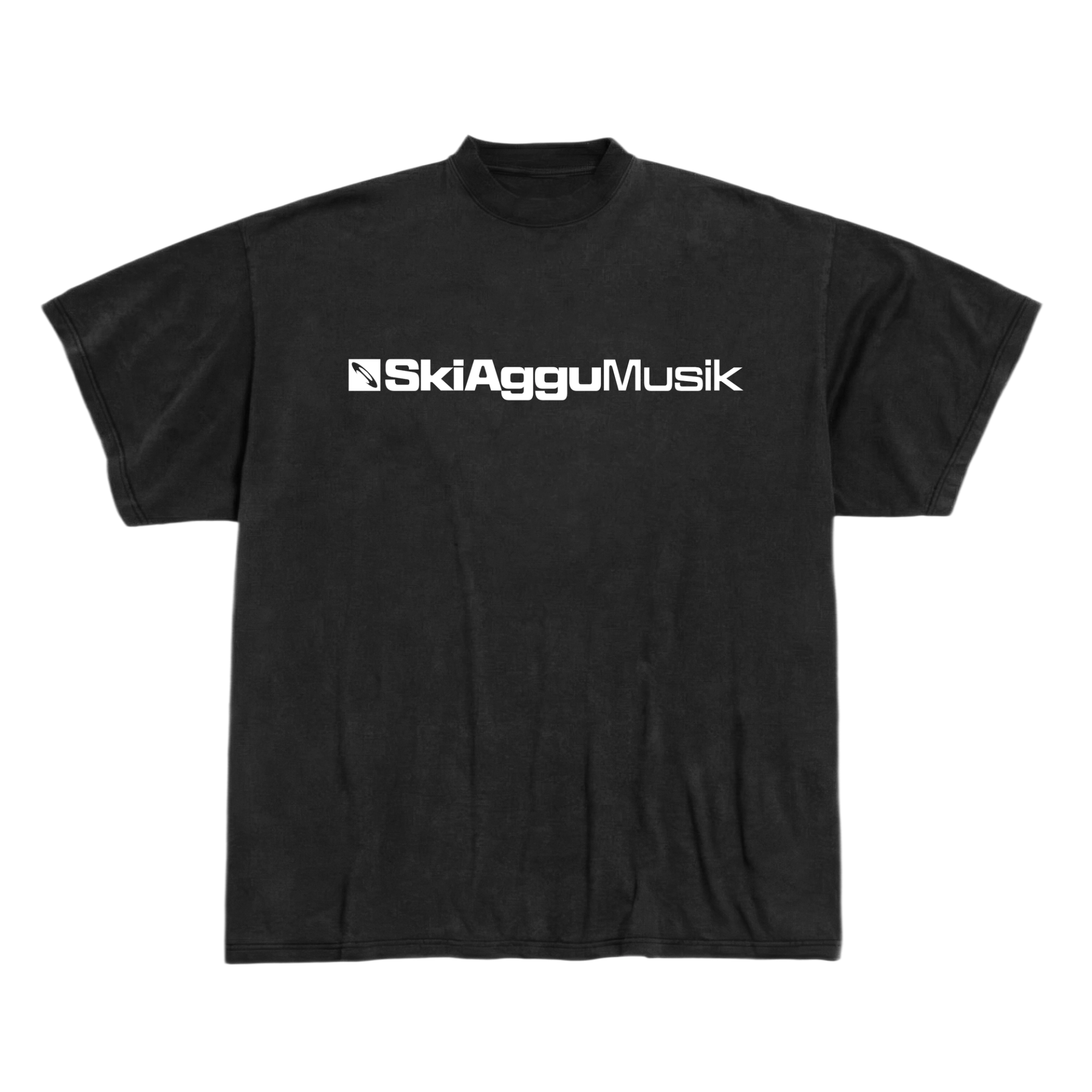 Black SkiAgguMusik T-shirt with the white album logo across the chest.