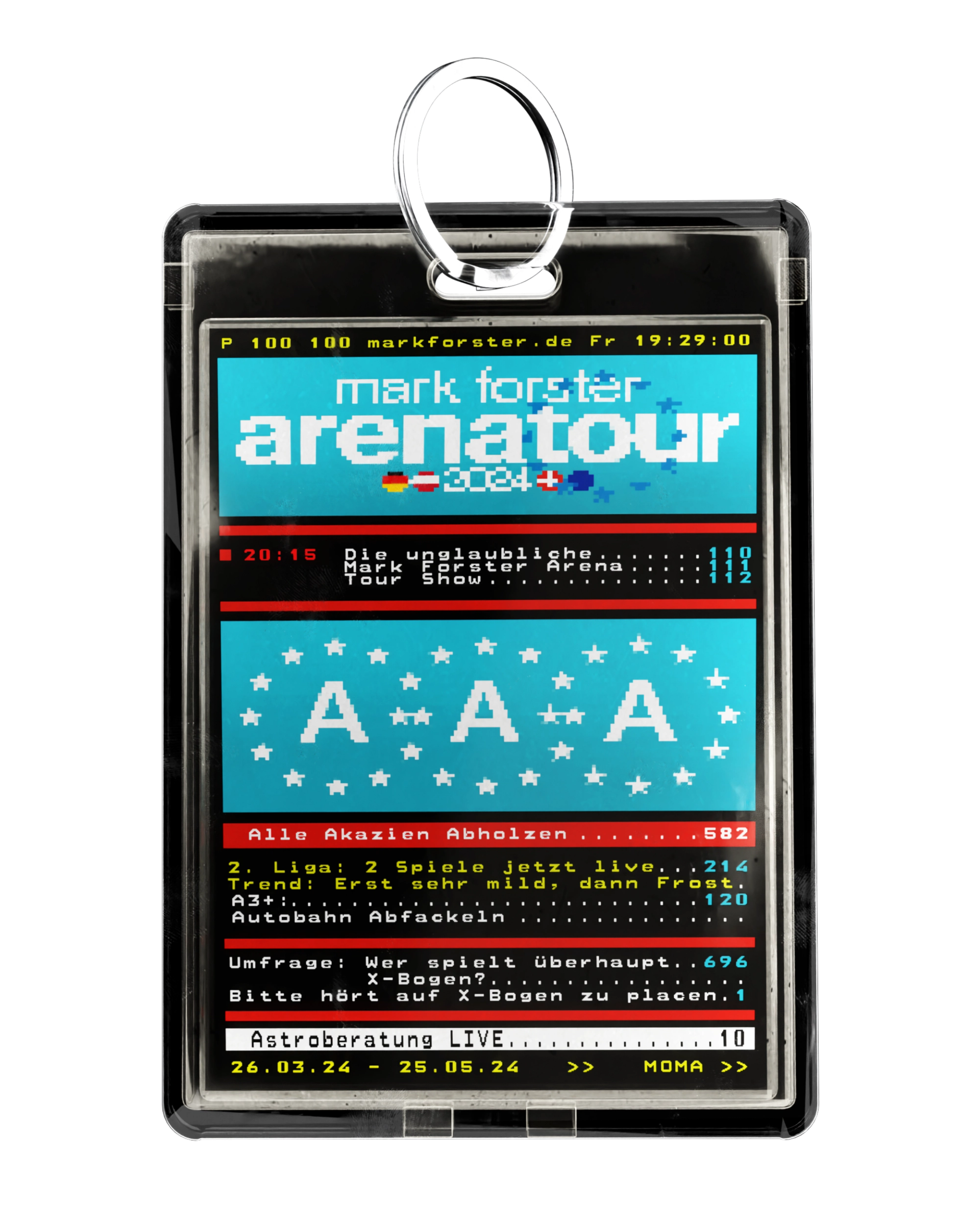 All-access pass in turquoise on black: the pixel-font "arenatour" logo, three large As among stars and mock teletext programme listings.