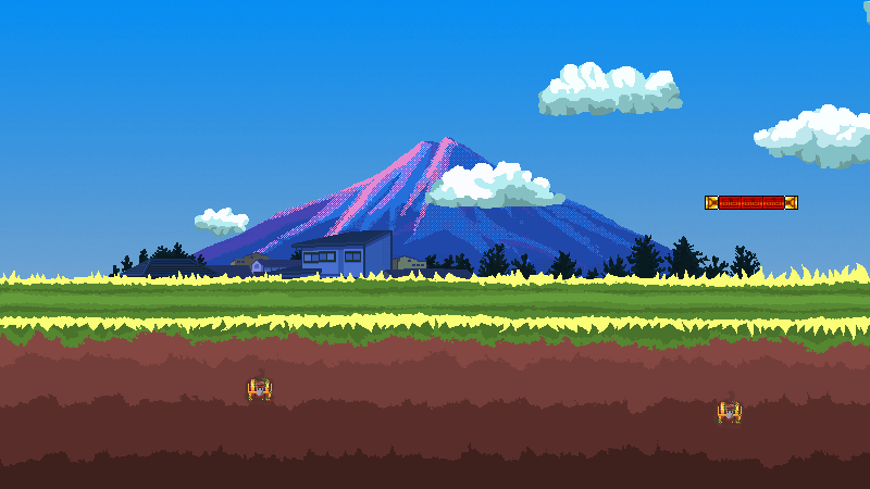 Meadow scene from the game: Mount Fuji in blue and pink behind a house and dark trees, a red floating platform, layered soil below the grass.