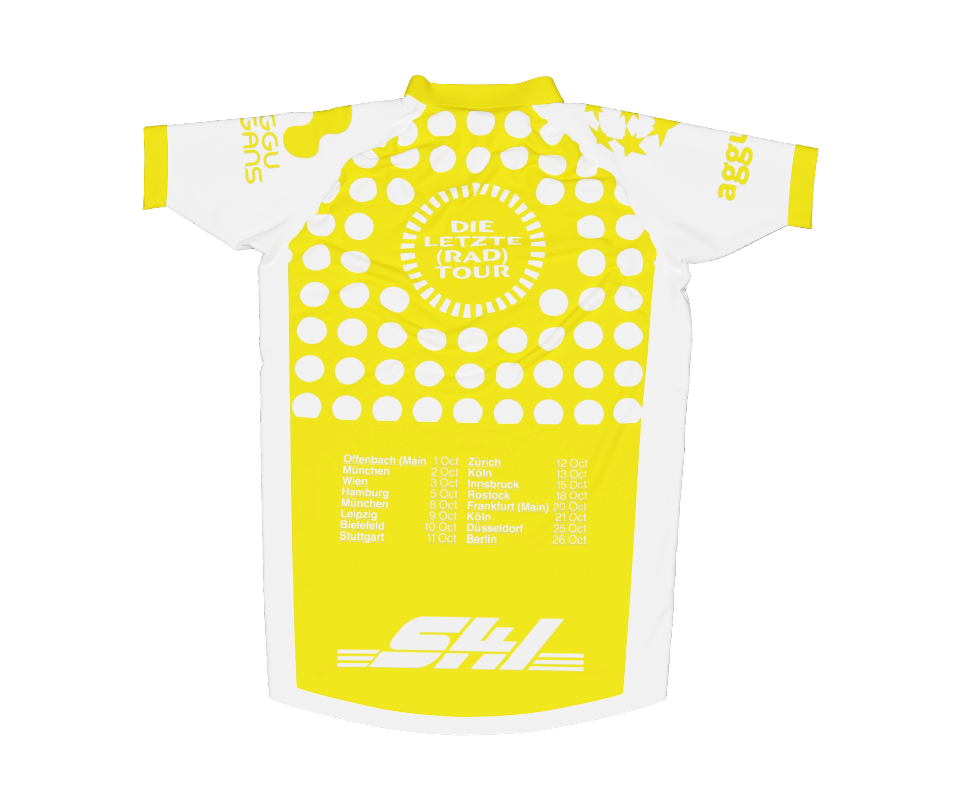 Back of the yellow cycling jersey: white polka dots around a "DIE LETZTE (RAD) TOUR" roundel, above sixteen tour dates from Offenbach to Berlin.