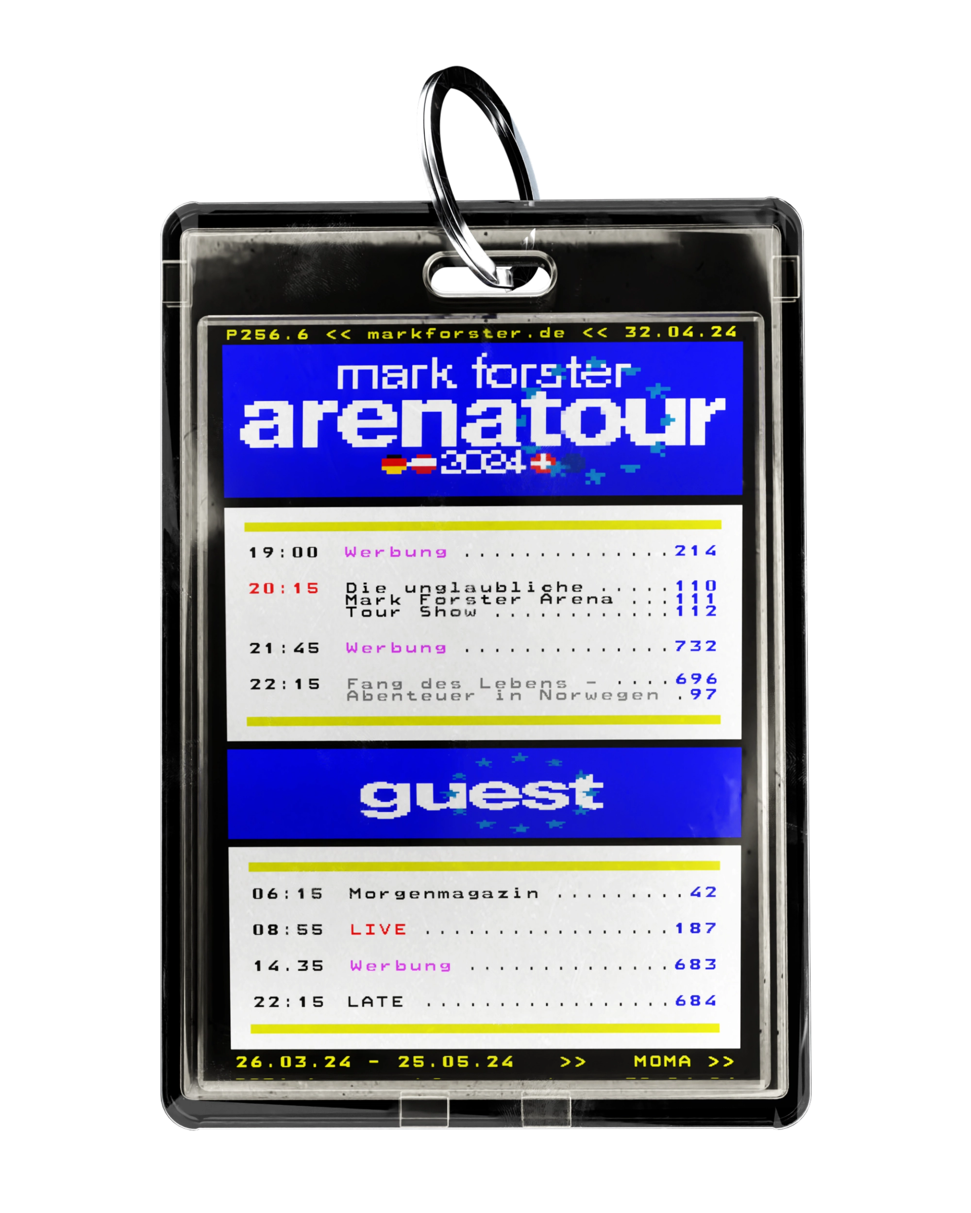 Blue "guest" pass: a teletext-style TV schedule on white panels, with the arena tour show listed at 20:15.