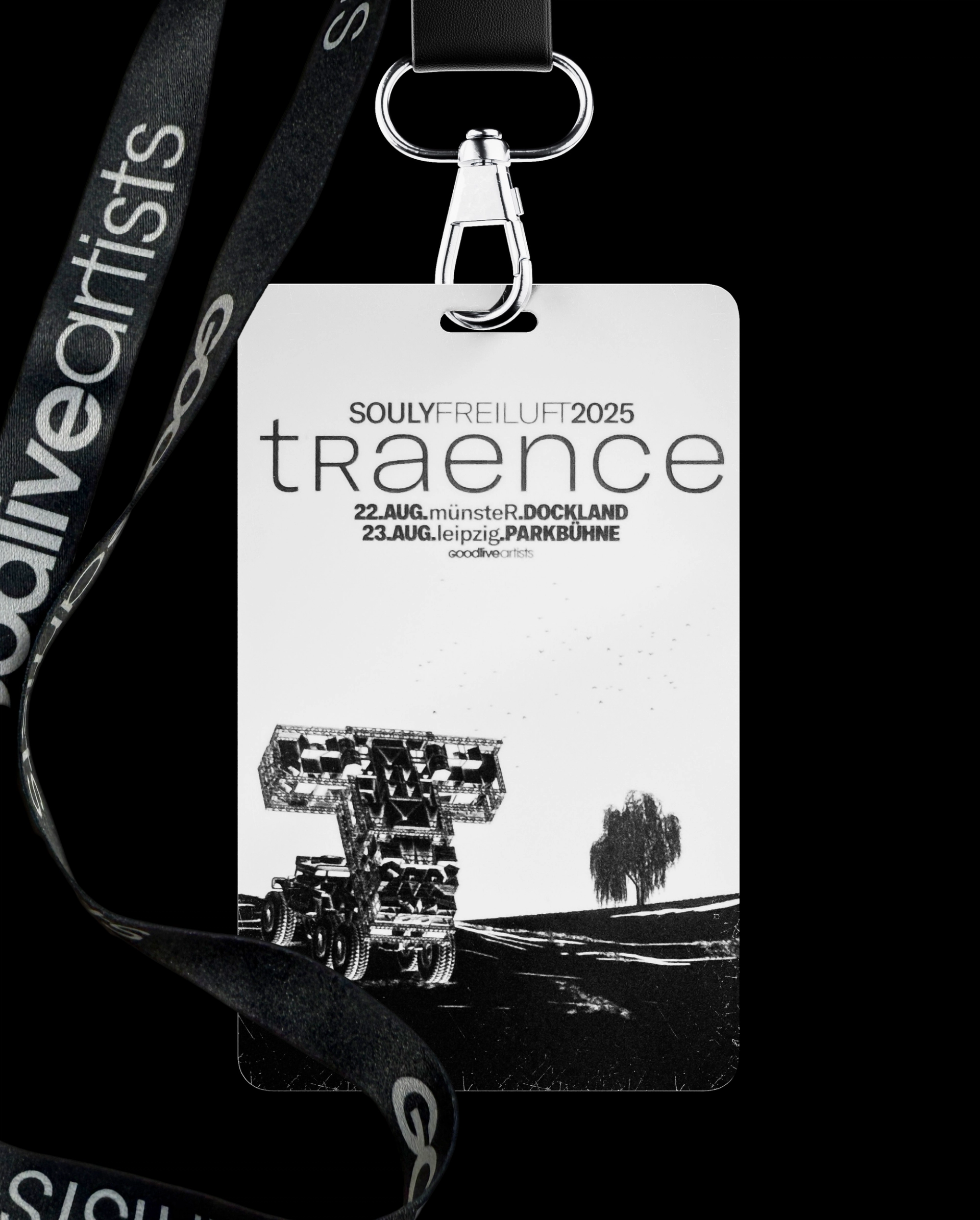 Event pass on a black lanyard, printed "SOULY FREILUFT 2025 traence" with two August dates in Münster and Leipzig above the truck with its T-shaped sound system.