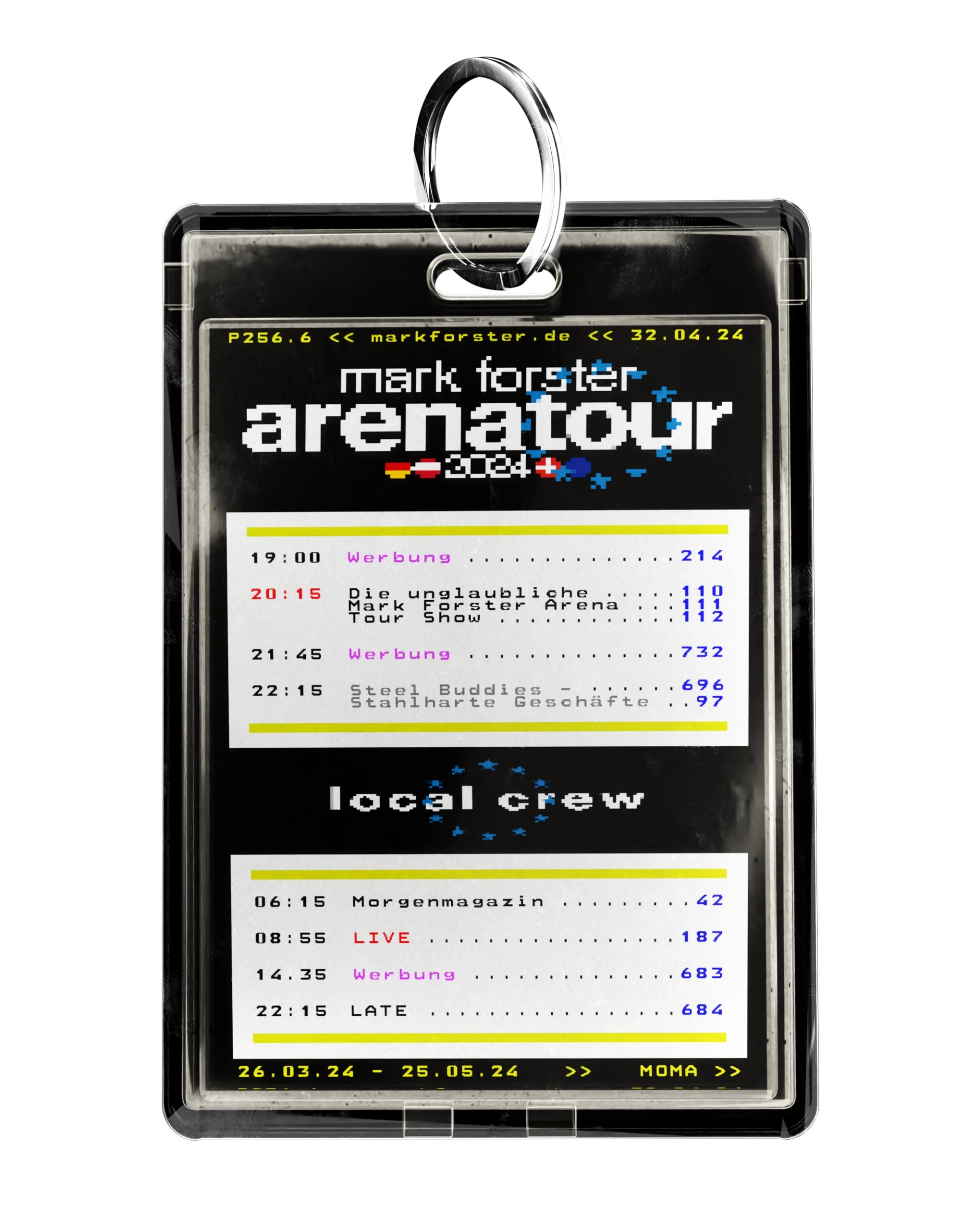 Black "local crew" pass in a clear holder, the pixelated tour logo above two white schedule panels with yellow rules.