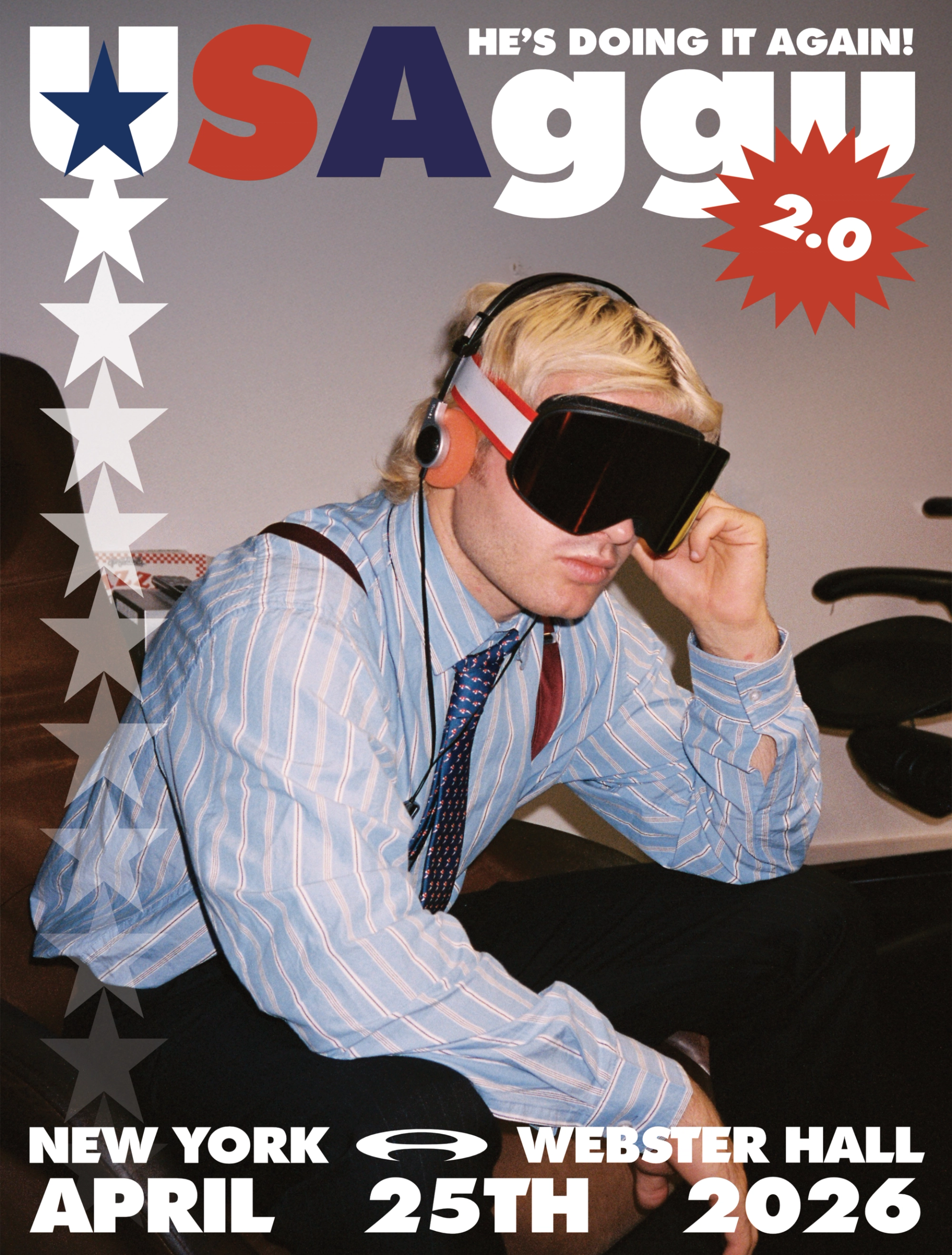 Follow-up poster with a red "2.0" starburst: Ski Aggu in ski goggles, headphones, striped shirt and tie, announcing Webster Hall in New York on April 25th 2026.