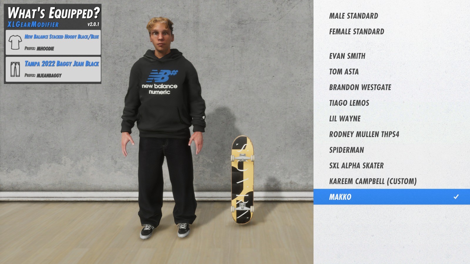 Skate-game character screen with "MAKKO" selected in the menu: a blond 3D character in a black hoodie and baggy jeans next to a skateboard.
