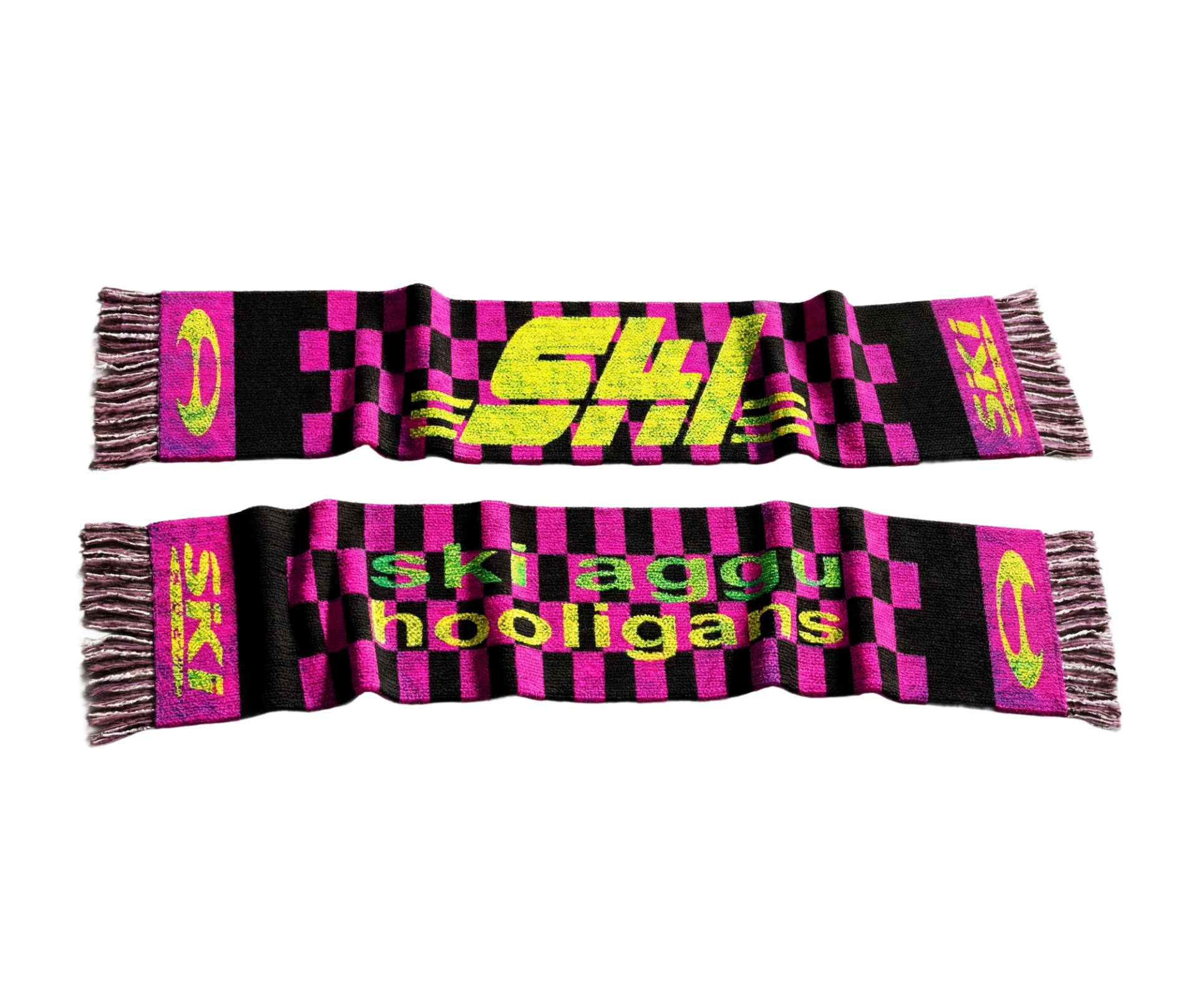 Both sides of the knitted fan scarf in a pink and black check: a neon yellow racing-style logo on one, "ski aggu hooligans" on the other.
