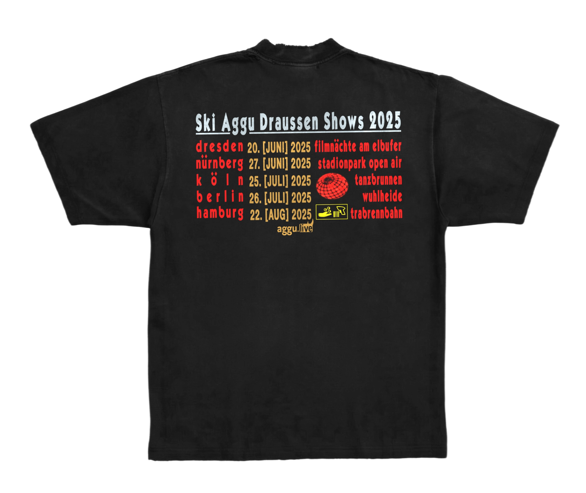 Back of the black T-shirt: "Ski Aggu Draussen Shows 2025" above five open-air dates from Dresden to Hamburg in red and gold.