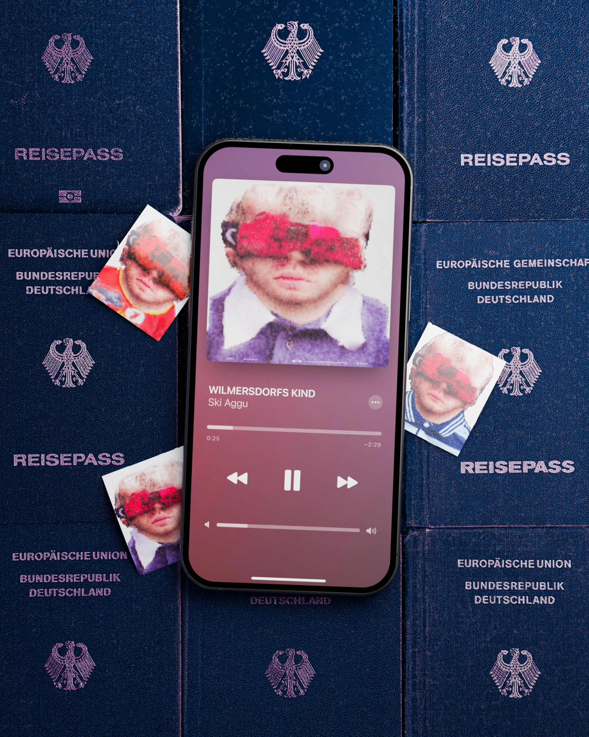 A phone playing "WILMERSDORFS KIND" in a streaming app, lying on rows of dark blue German passports with three passport-photo versions of the cover portrait.