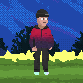 Male player character in a black cap and red hoodie standing on the grass of the meadow level.