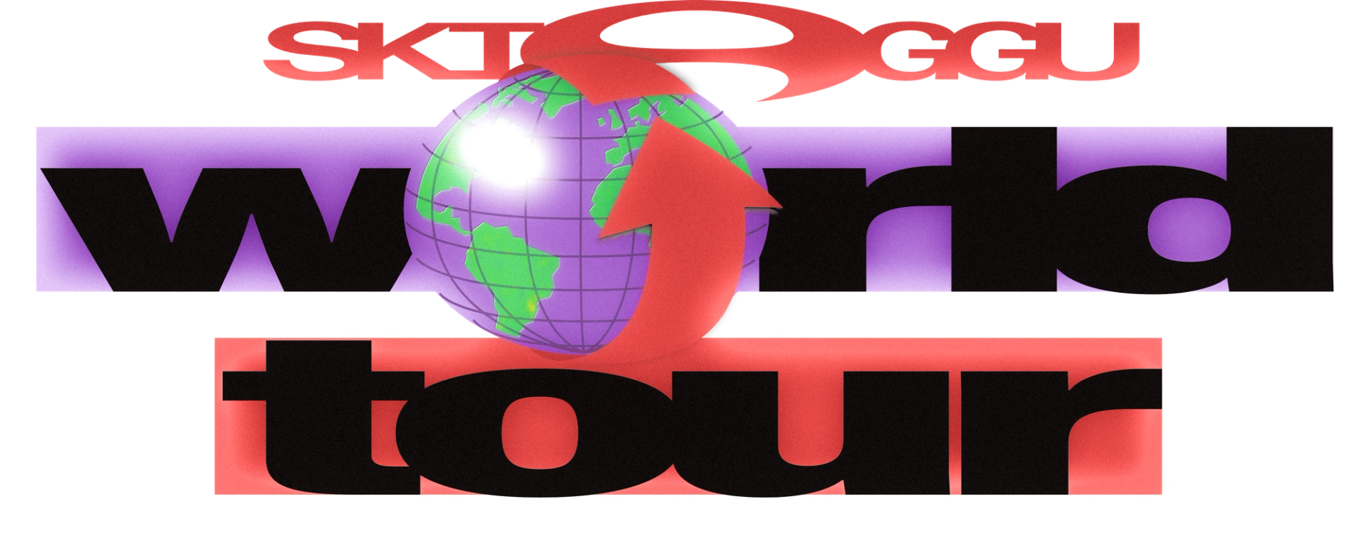 Tour logo on black: "SKI AGGU" in red above heavy black "world tour" lettering on purple and red bars, a globe with a red arrow replacing the O.