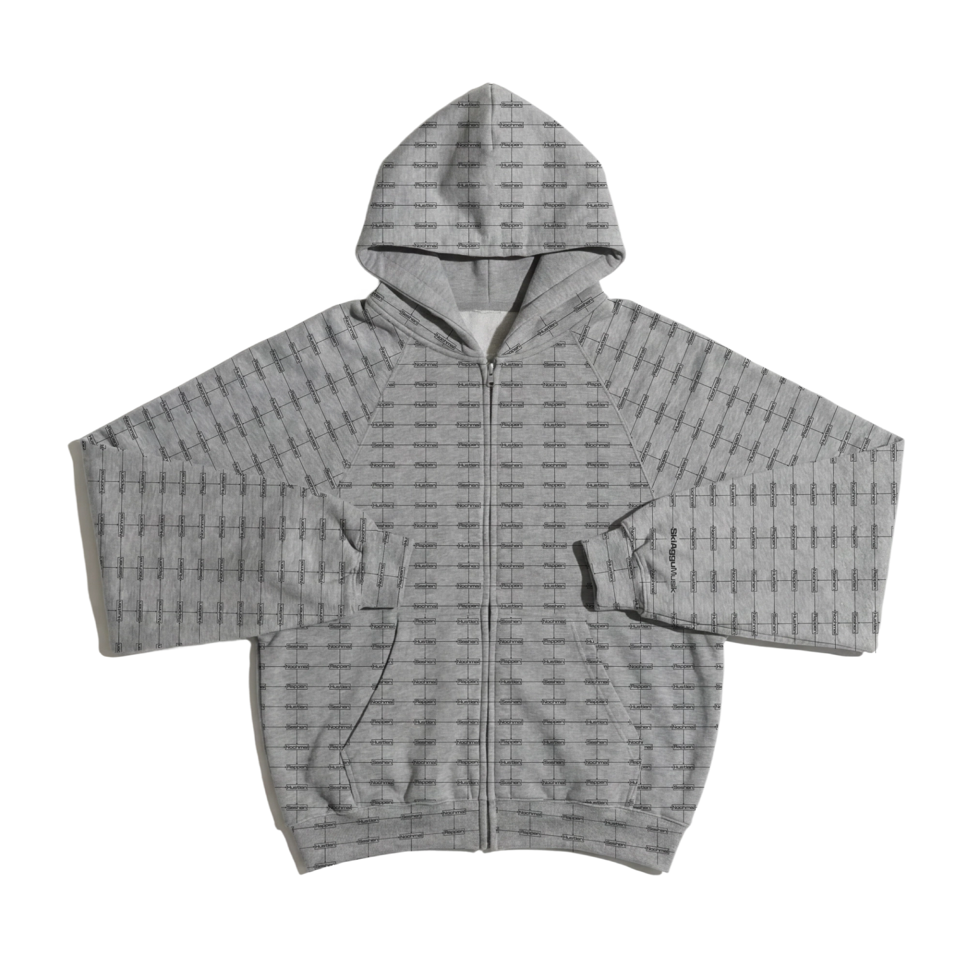Grey zip-up hoodie covered in a repeating SkiAgguMusik monogram pattern.