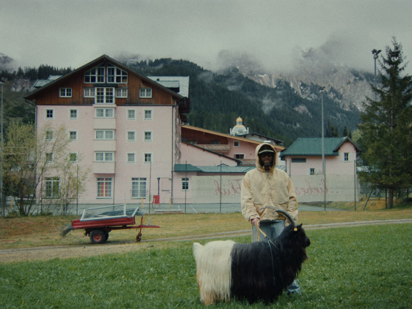 A long-haired black-and-white goat on a lead held by Mark Forster in a beige rain jacket, in front of a large pink building under misty mountains.