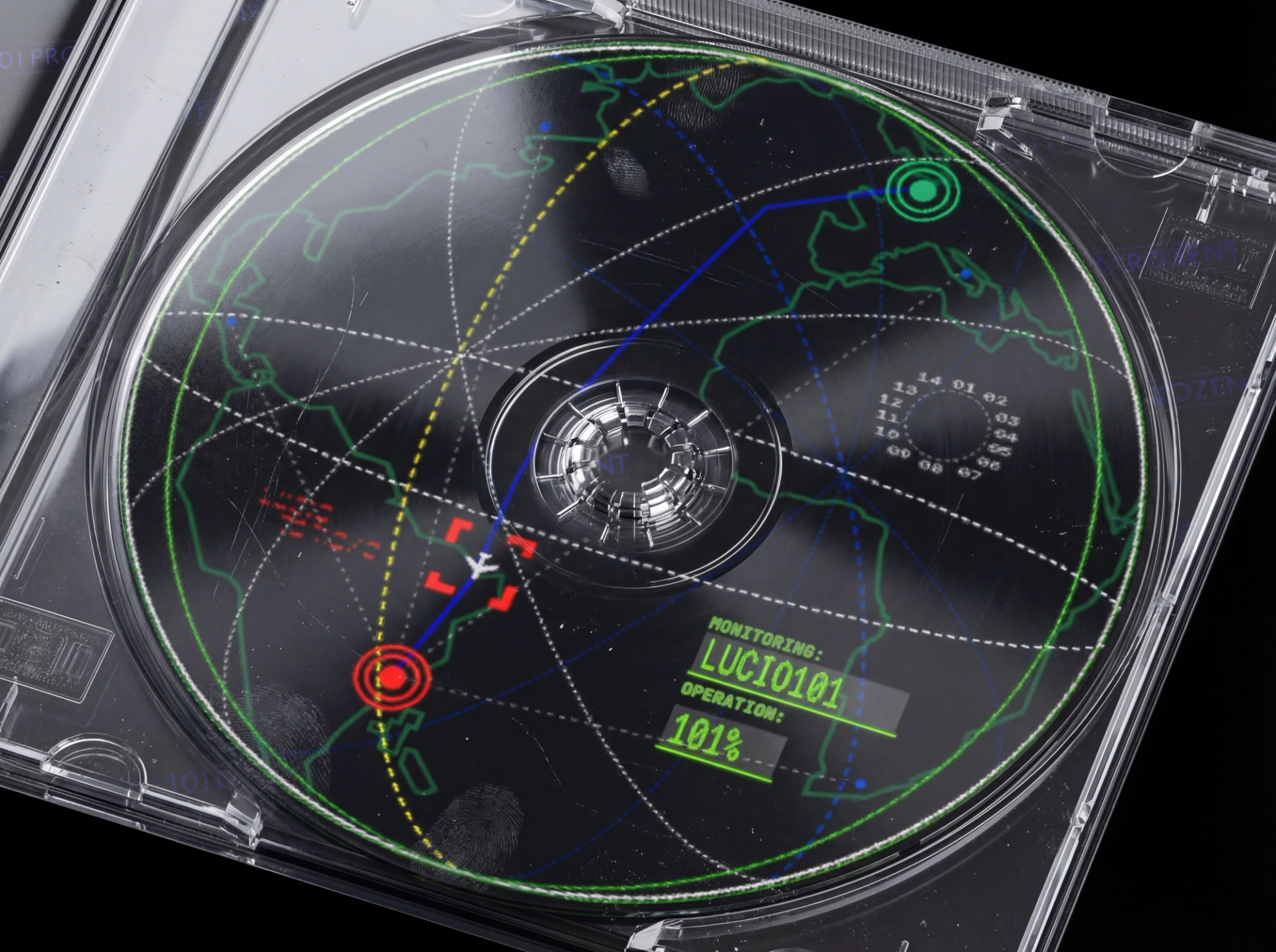 Close-up of the CD in a clear tray: a radar-style world map with a flight route from Europe to South America and the readout "MONITORING: LUCIO101".