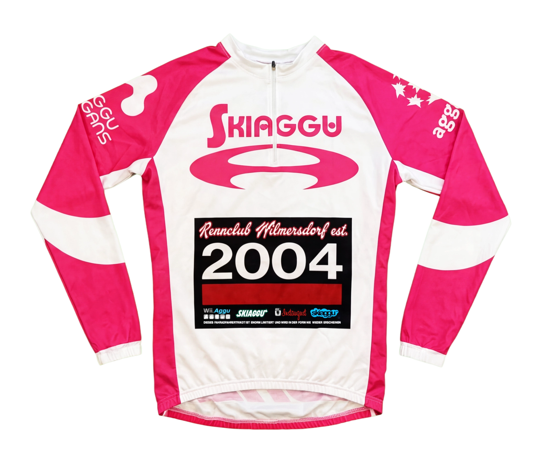 Front of the pink and white long-sleeved cycling jersey, with a black chest panel reading "Rennclub Wilmersdorf est. 2004".