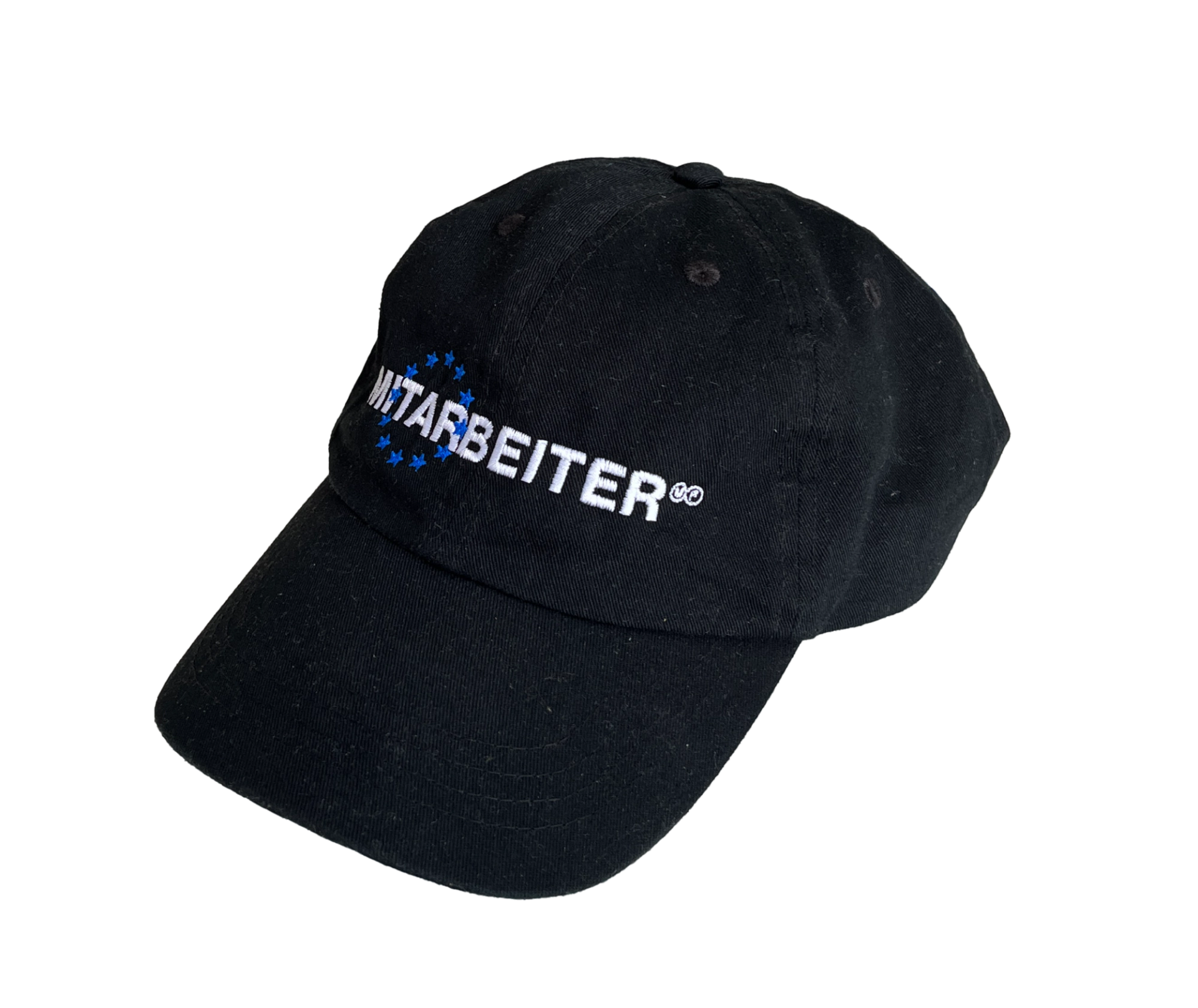 The "MITARBEITER" cap turned the other way, peak pointing left, with a small MF mark stitched after the lettering.