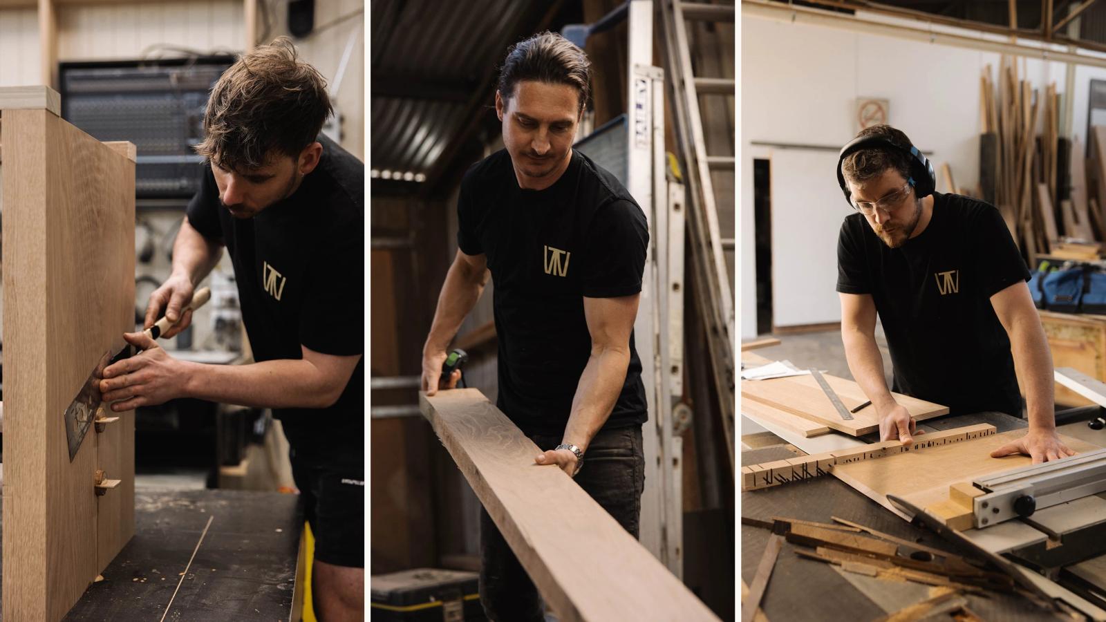 The Timberwolf Design team, Heath, Jordan and Cory, at work with solid timber in their Henley Beach workshop.