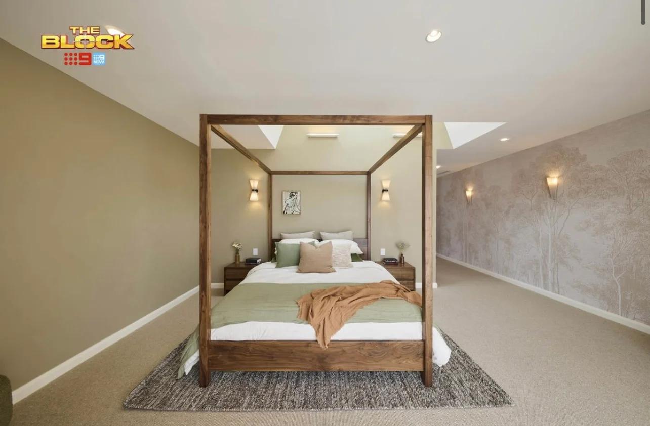 The Fetel Four Poster Bed, front-on, in Robby and Mat's main bedroom on The Block