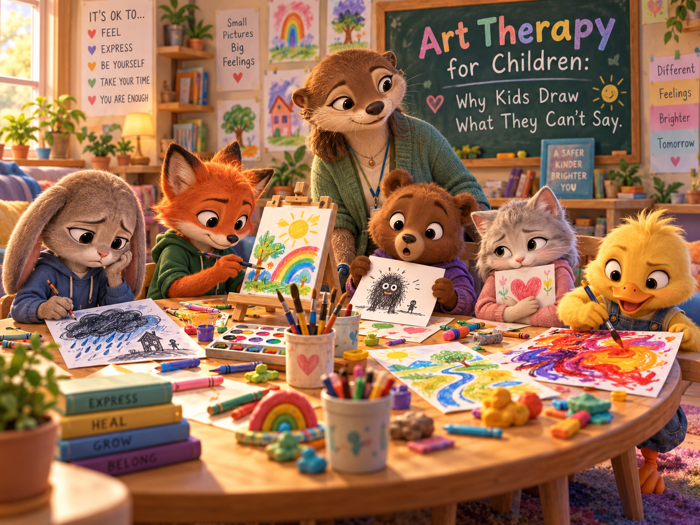 Pixar-style animal children in an art therapy class, drawing emotions they cannot say in a warm, supportive creative space.
