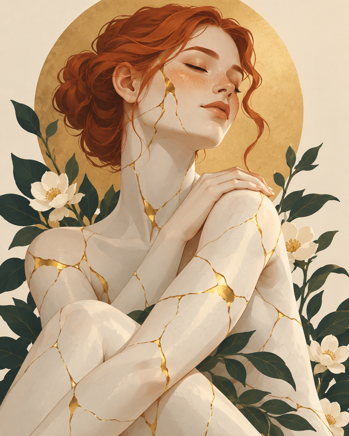 Kintsugi-inspired red-haired woman with porcelain skin and golden cracks, symbolizing trauma healing, self-compassion, and post-traumatic growth.