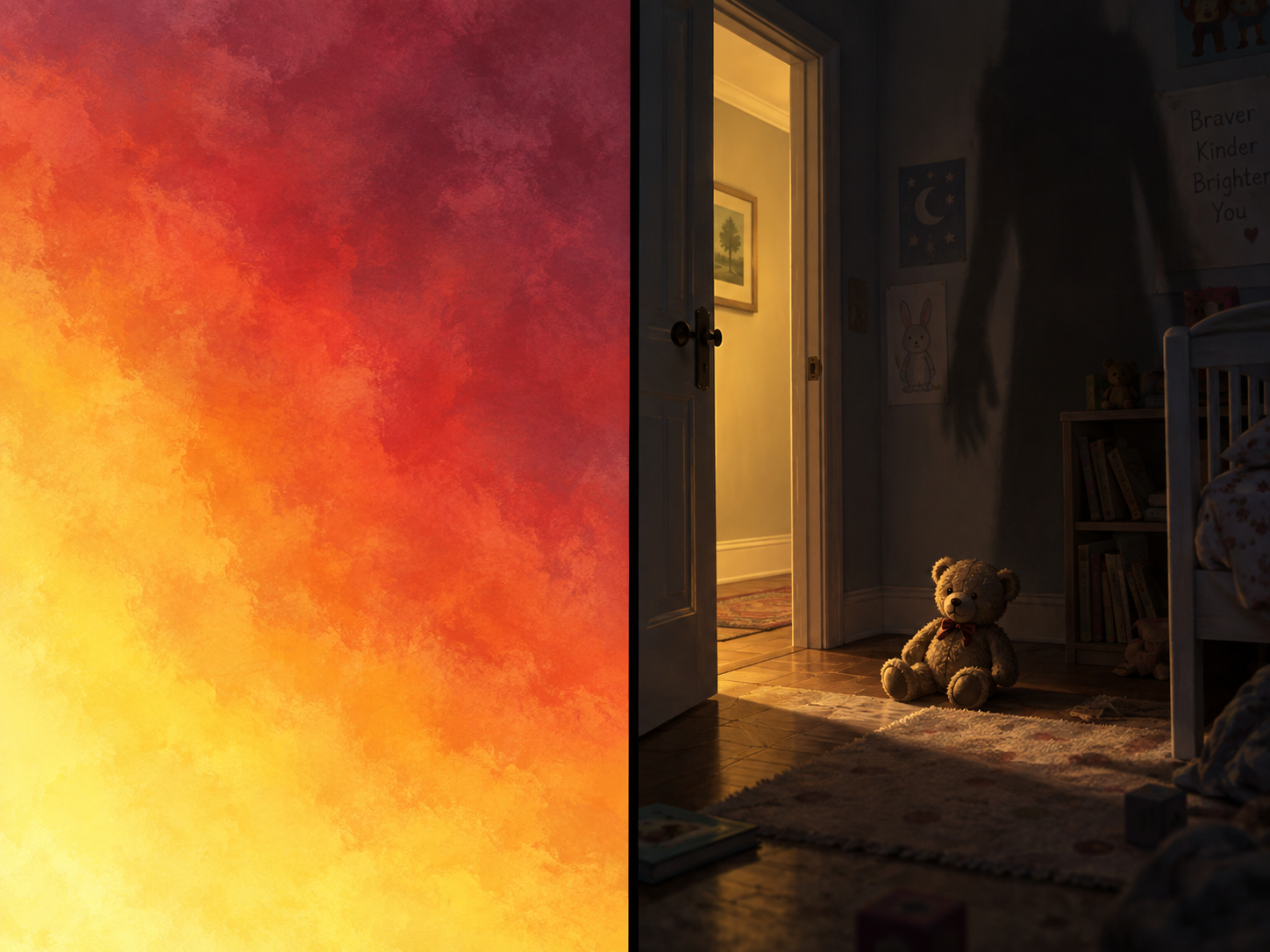 Abstract yellow-to-crimson color gradient beside a teddy bear in a dim child’s room, lit by an open door and overshadowed by a large, unsettling shadow.