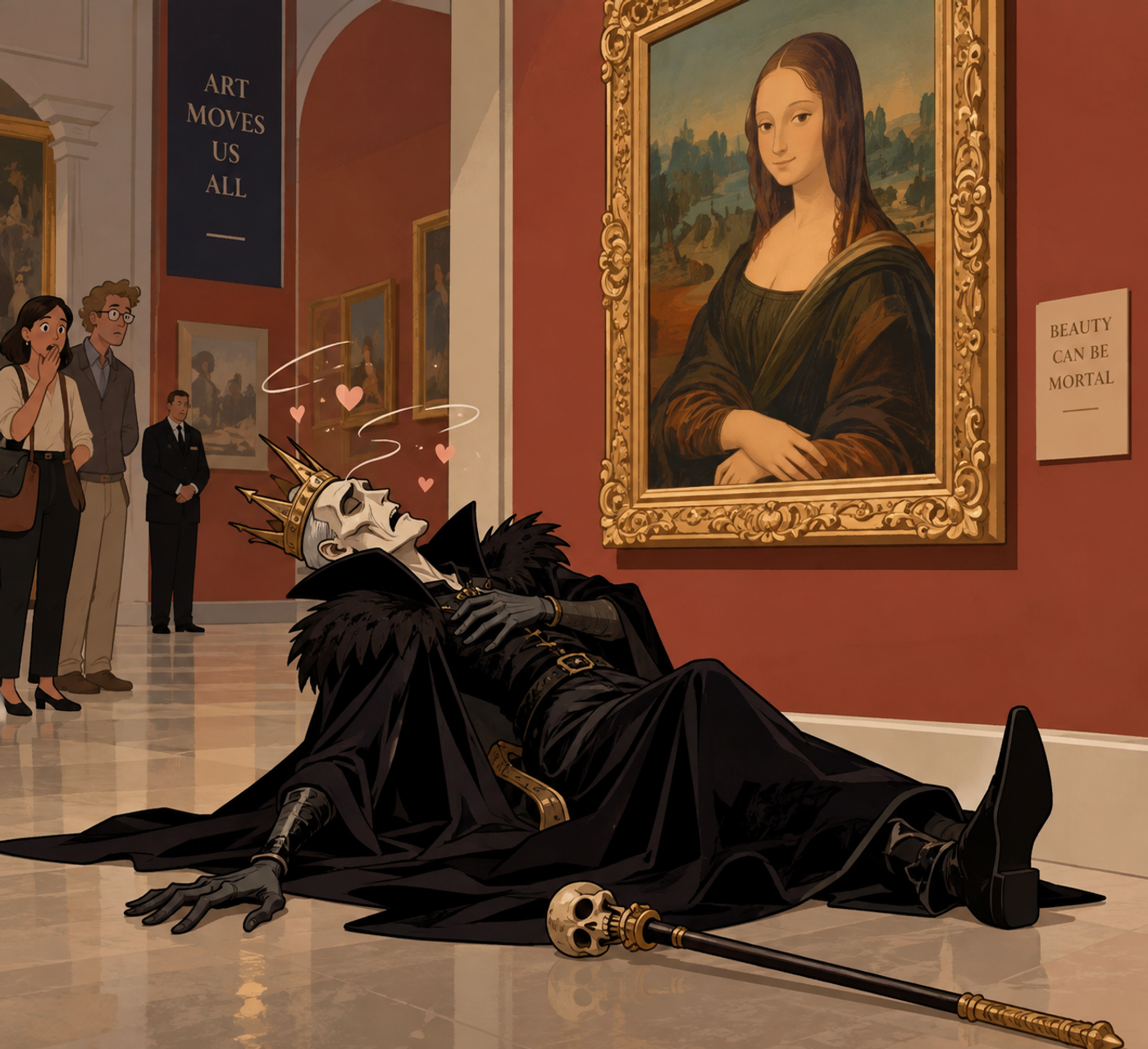 Koschei the Deathless faints from Stendhal syndrome while admiring a Renaissance painting in an art gallery.
