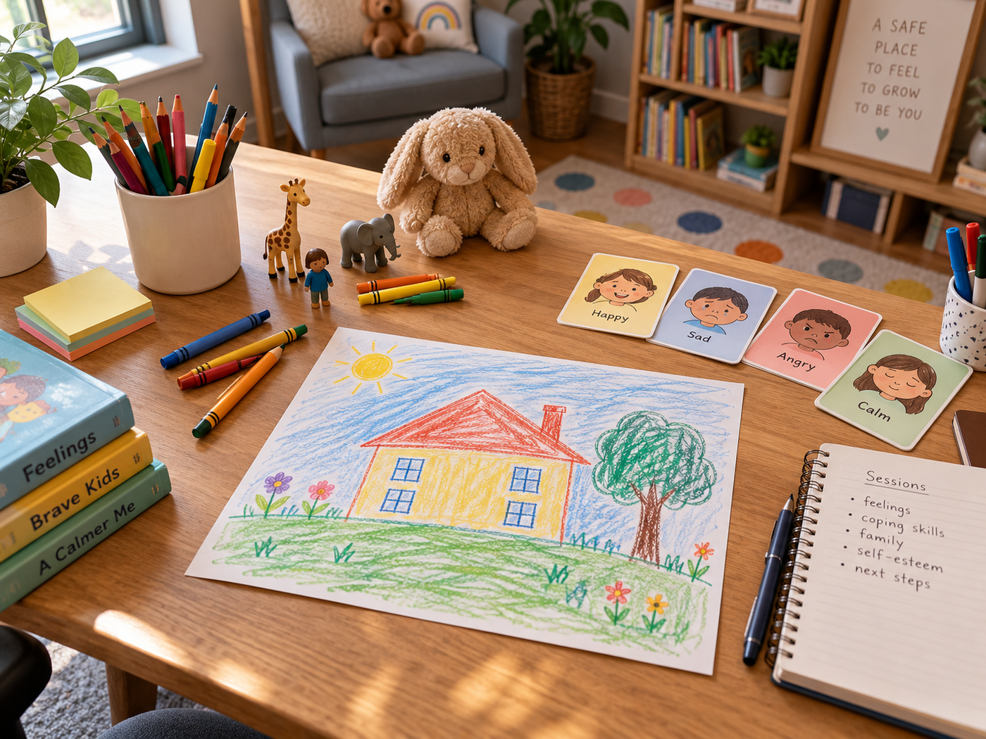 Child psychologist’s desk with toys, crayons, emotion cards, and a child’s drawing of a house without a door in a cozy therapy room.