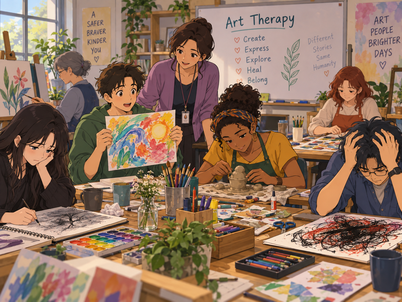 Anime-style art therapy class with students painting, sculpting, and expressing different emotions in a creative group session.