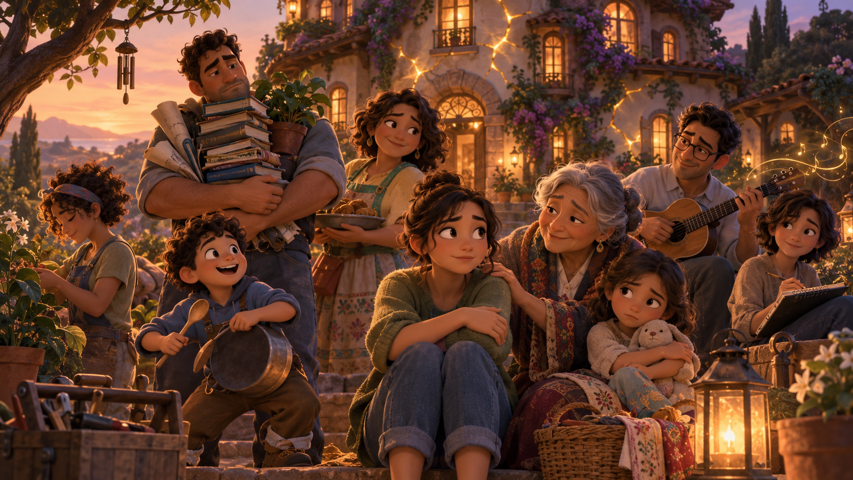 Animated multigenerational family gathered outside a magical cracked house, symbolizing family roles, generational trauma, and healing together.