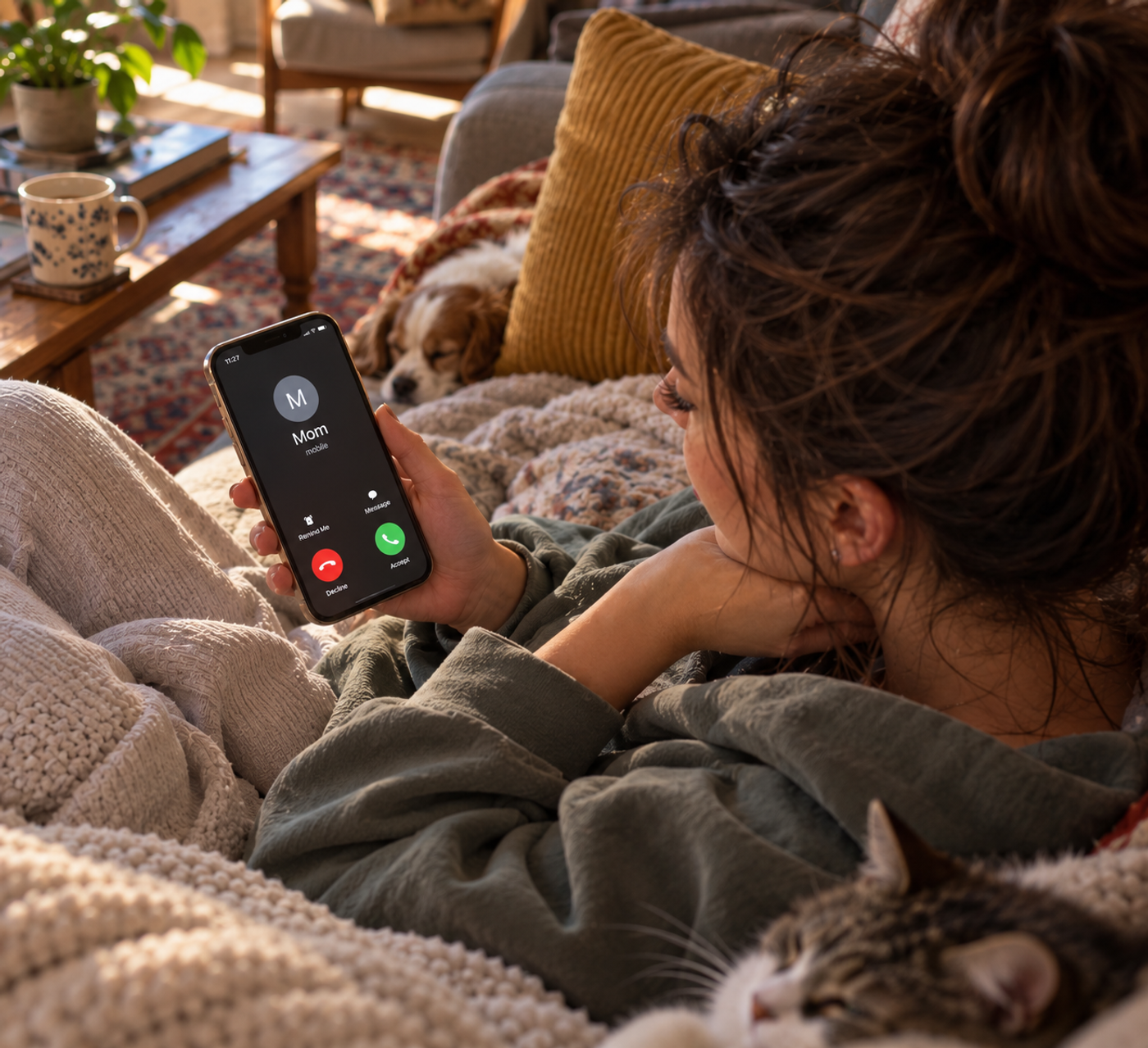 Young woman at home calmly looking at an incoming call from Mom on her smartphone, with pets resting beside her.