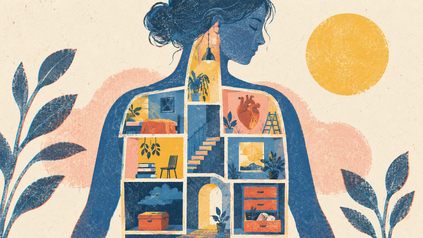 Human figure with rooms and objects inside the body, symbolizing how trauma, memory, and emotions are stored physically.