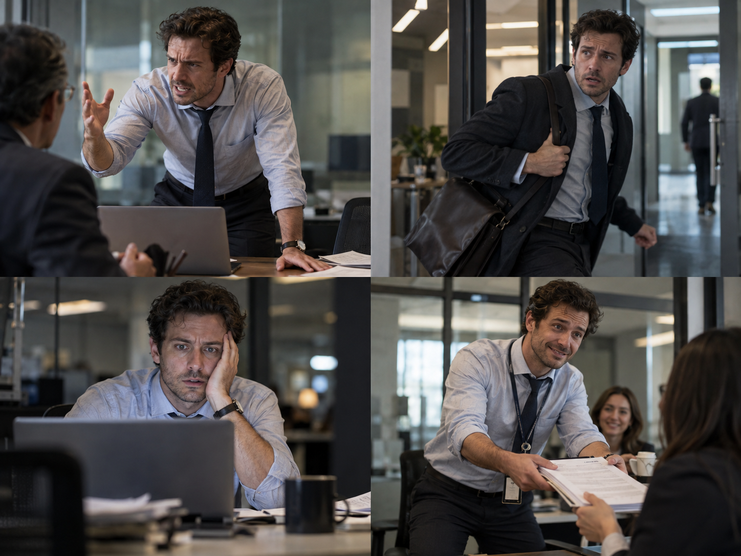 Hyperrealistic office collage showing a white-collar man displaying fight, flight, freeze, and fawn trauma responses in daily work life.