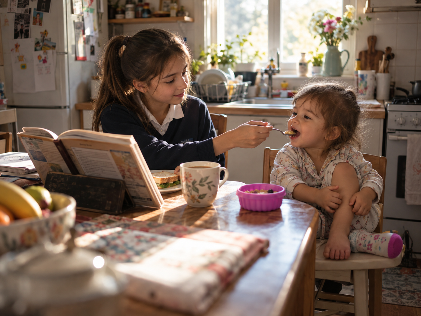 Older sister feeding her younger sibling at the kitchen table before school, illustrating eldest daughter syndrome.