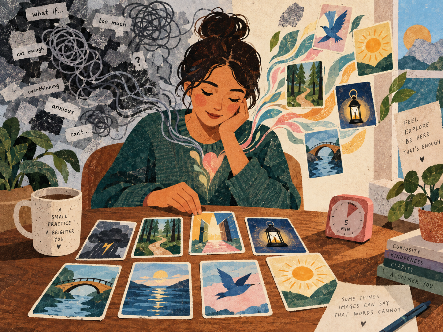Woman using metaphorical associative cards for anxiety relief in a calming five-minute self-reflection practice.