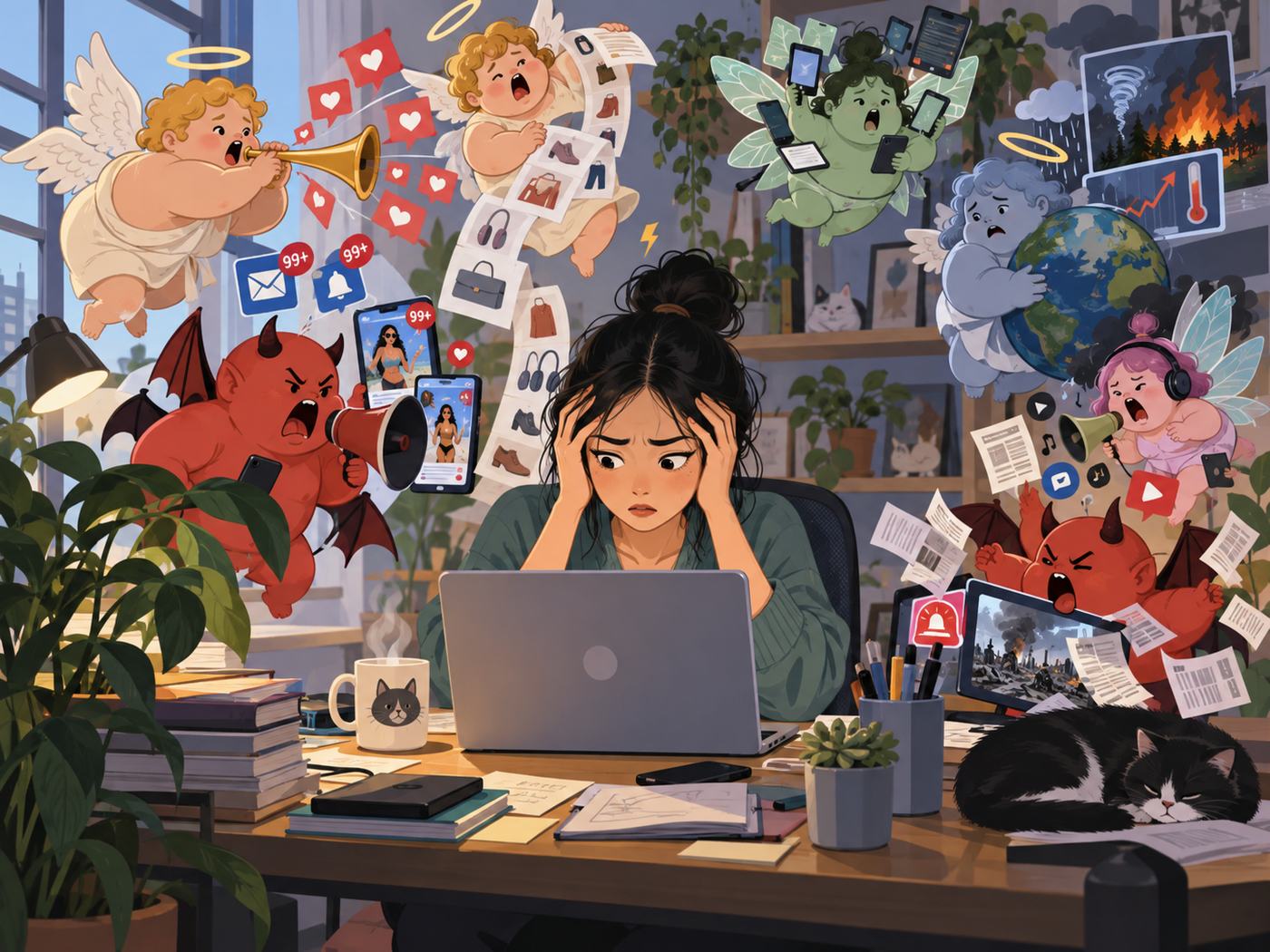 Stressed Asian woman working from home, surrounded by noisy angels, devils, notifications, news, and climate anxiety.