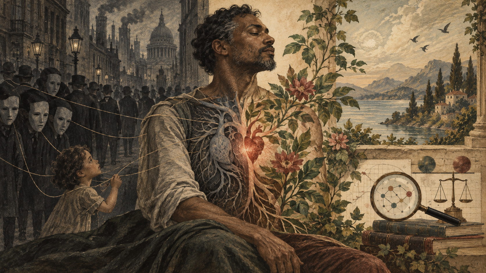 Victorian-style illustration inspired by Gabor Maté’s The Myth of Normal, exploring trauma, attachment, authenticity, and healing.