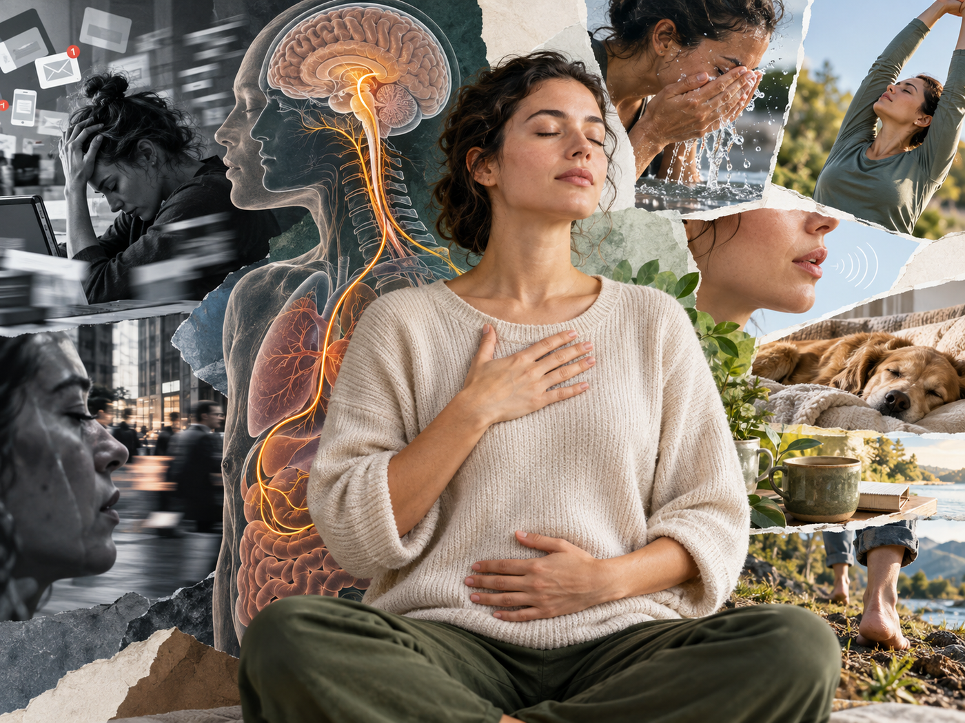 Photorealistic collage showing vagus nerve regulation, deep breathing, cold water, movement, rest, and stress relief techniques.