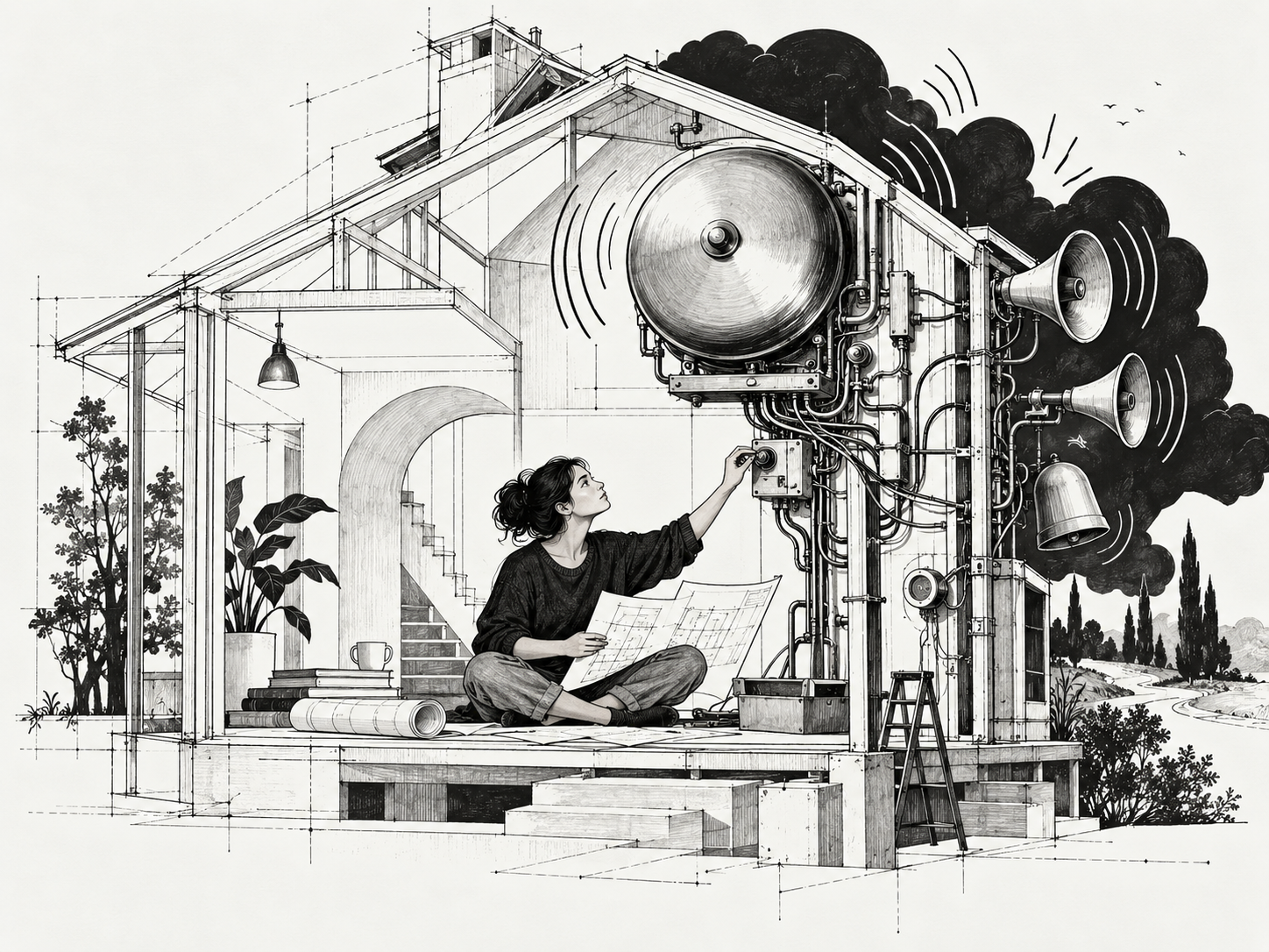 Black-and-white illustration of anxiety as an overactive alarm system, with a woman adjusting a giant warning mechanism inside a house.