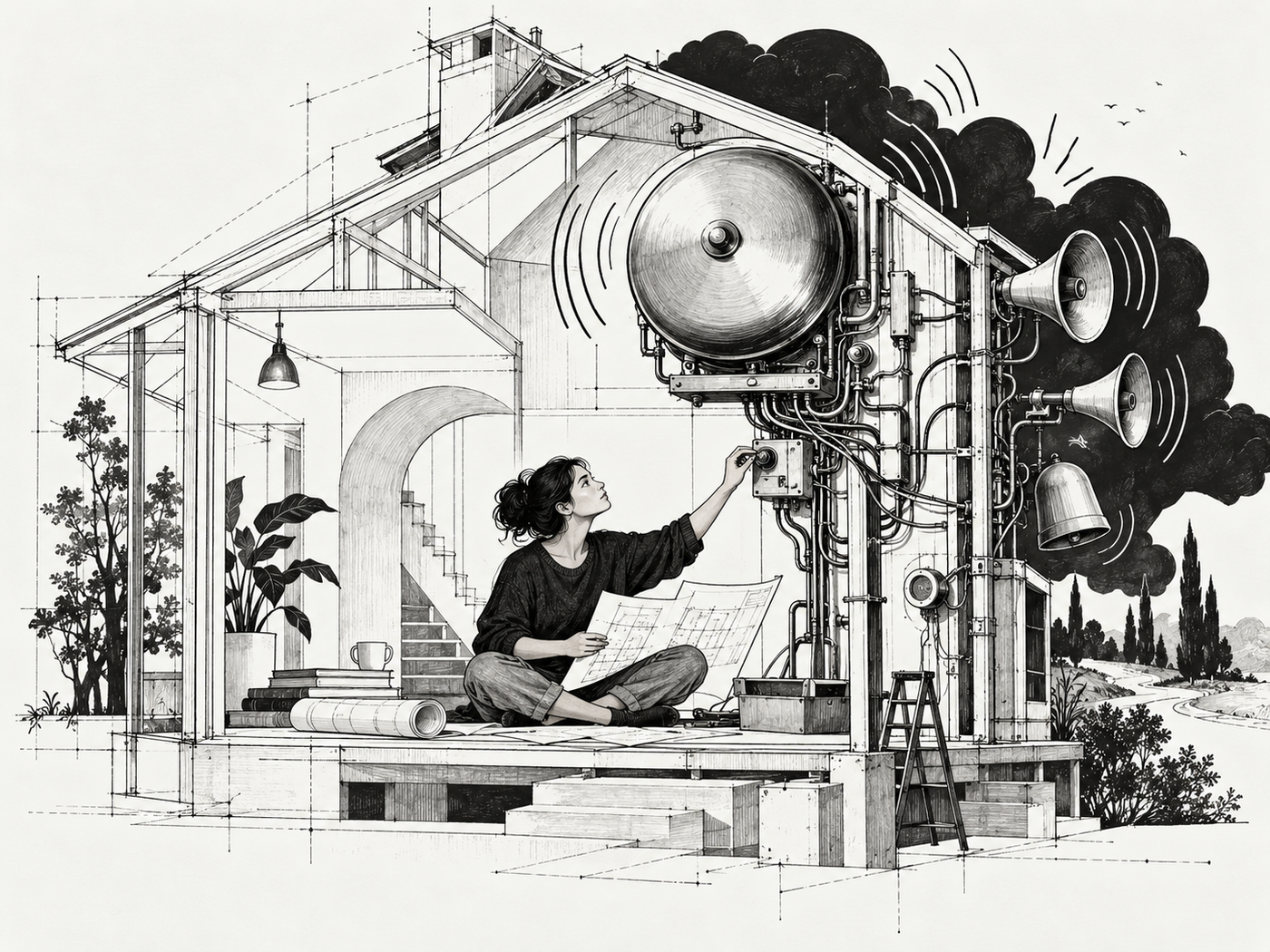 Black-and-white illustration of anxiety as an overactive alarm system, with a woman adjusting a giant warning mechanism inside a house.