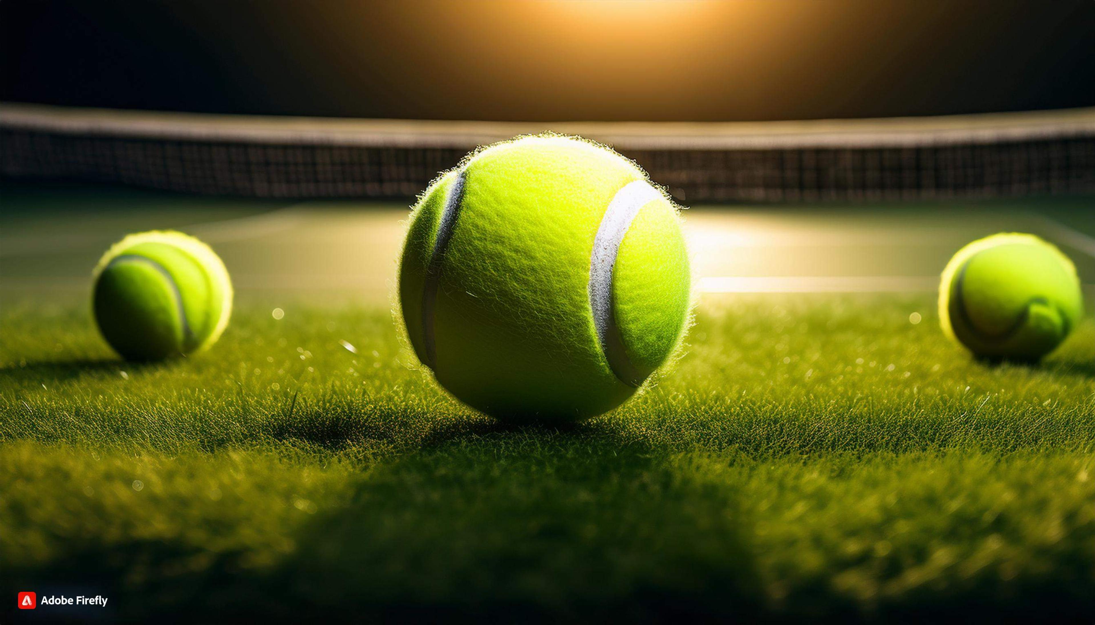 Tennis balls laying around on a tennis court