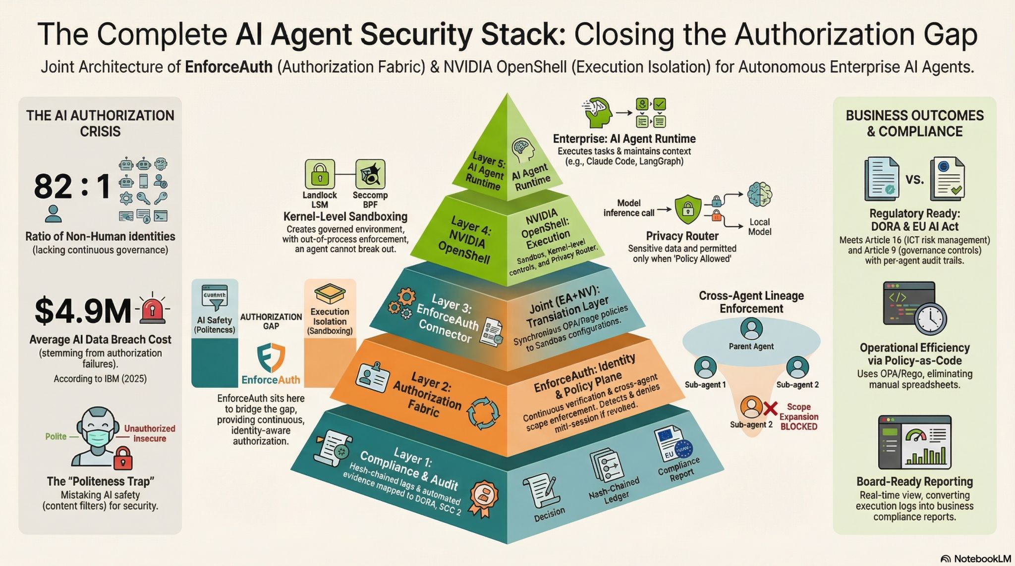 Pyramid diagram showing the joint architecture layers of EnforceAuth and NVIDIA OpenShell.