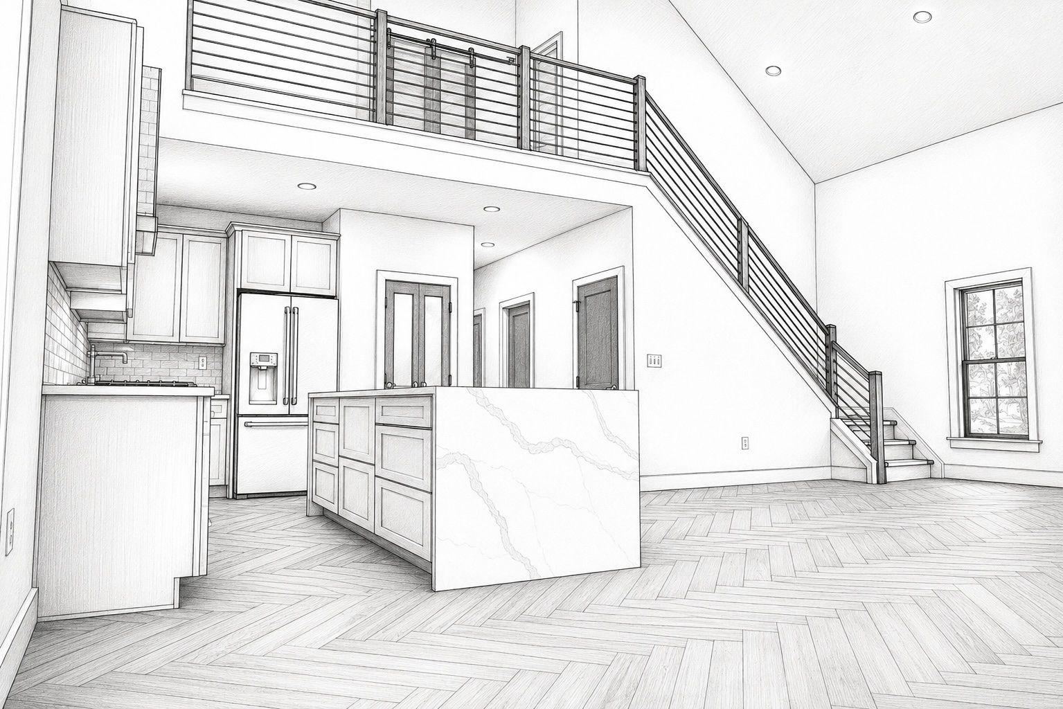 Architectural sketch of a custom home interior