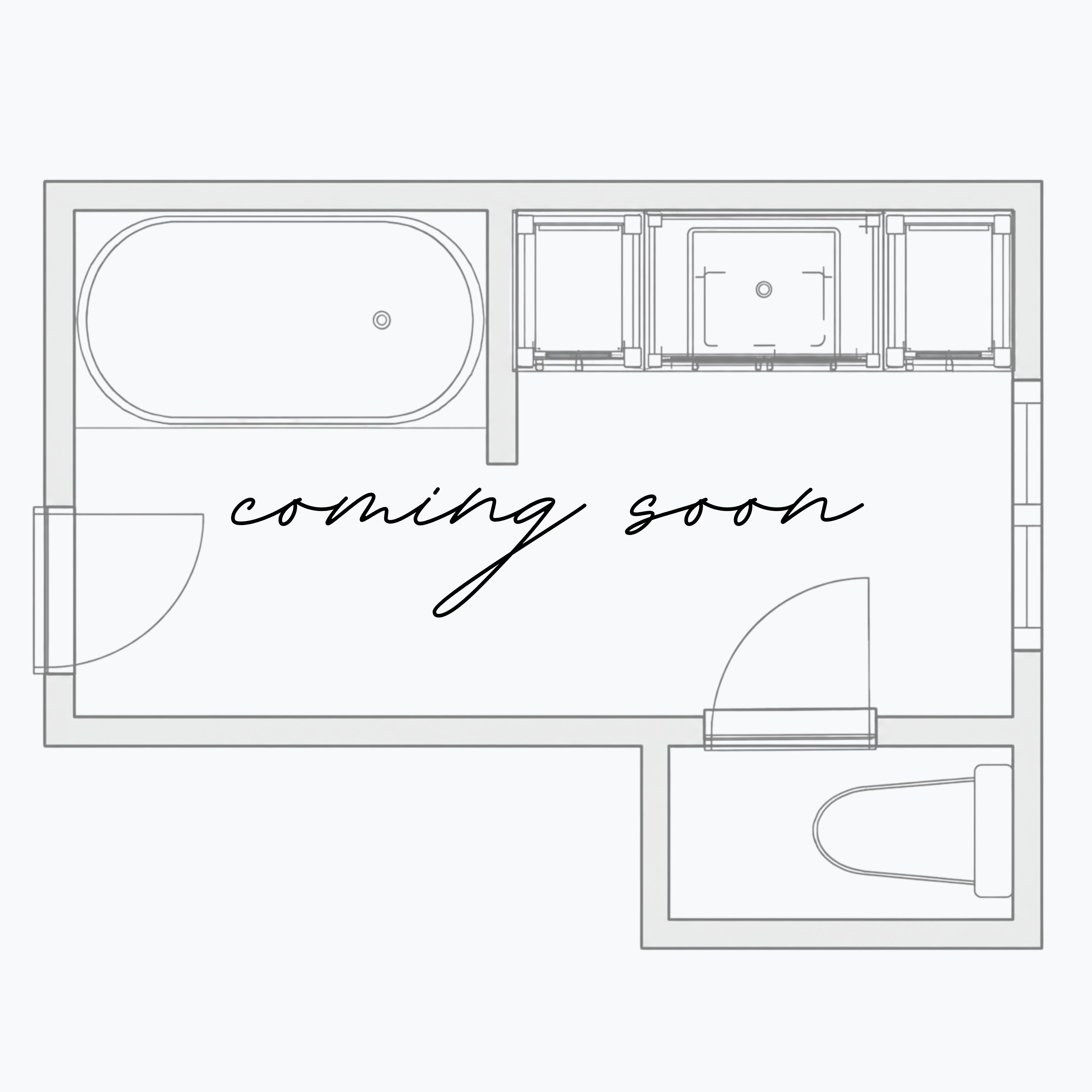 New floorplan for a hall bath renovation with coming soon text