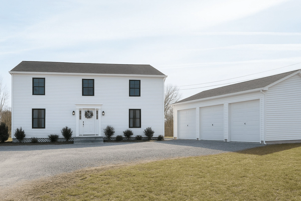 A newly built home that is white with black trim and a three car garage.