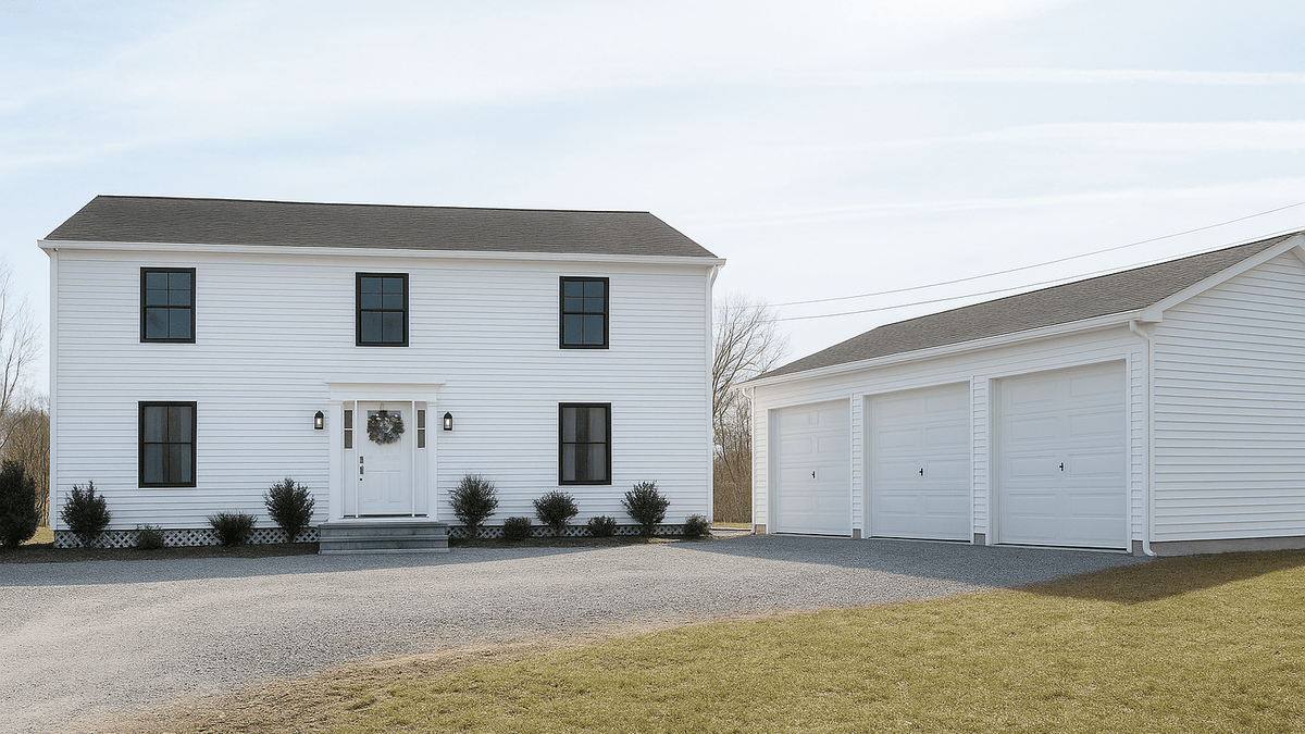 A newly built home that is white with black trim and a three car garage.