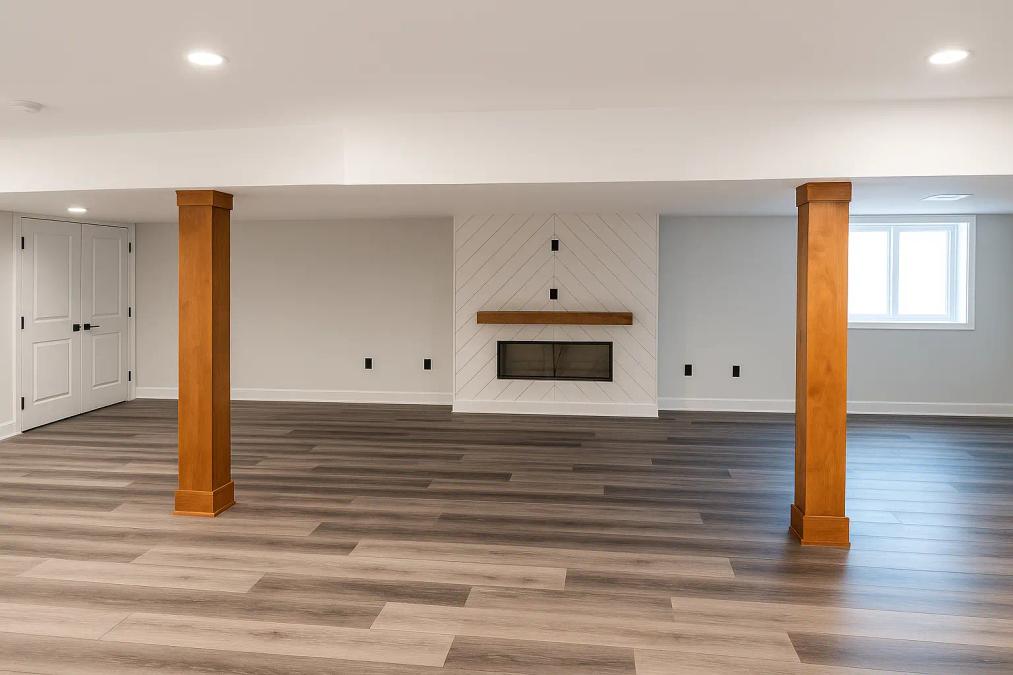 A photo of a beautifully finished basement
