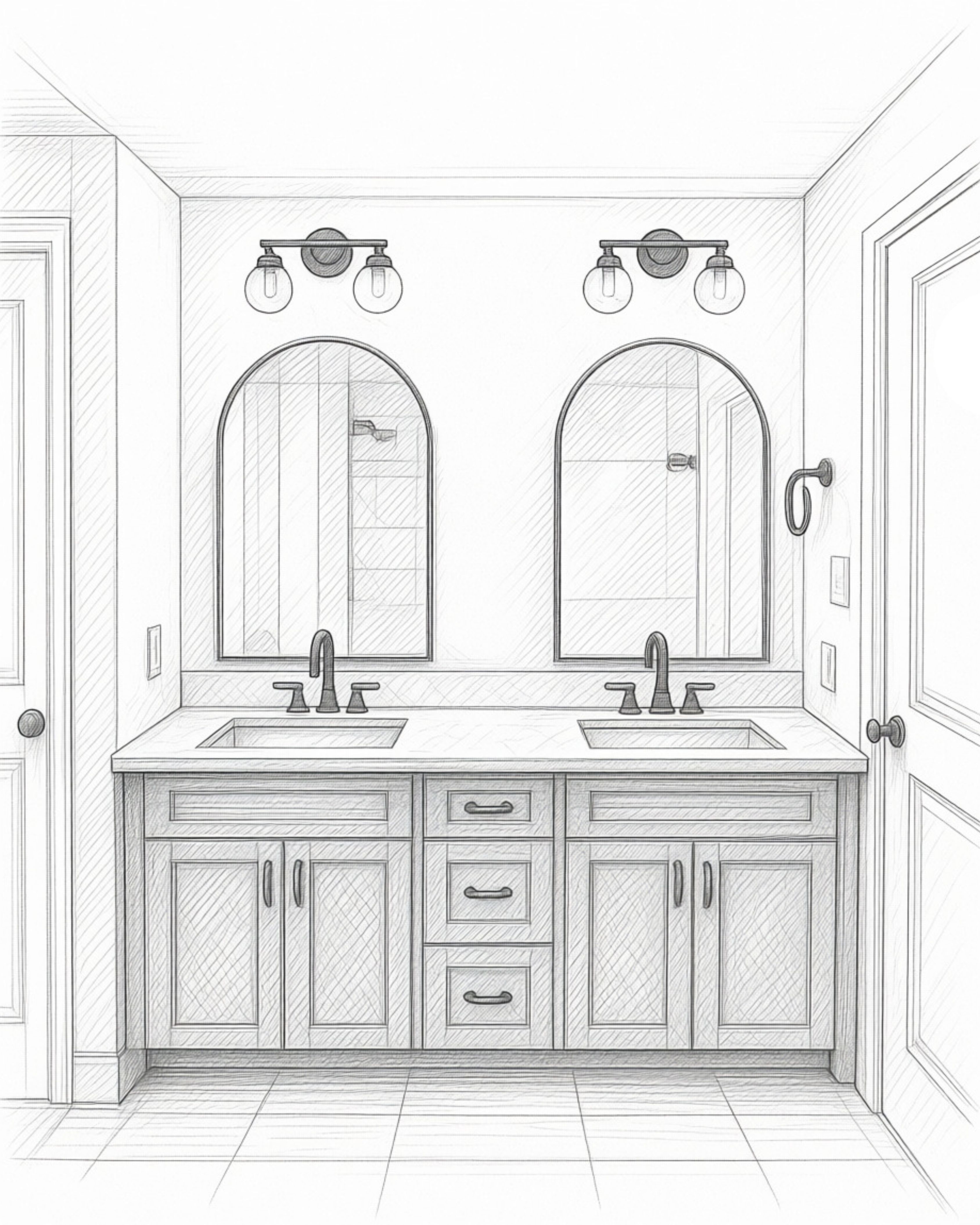 A photo sketch of a bathroom with a double bowl vanity and arched mirrors