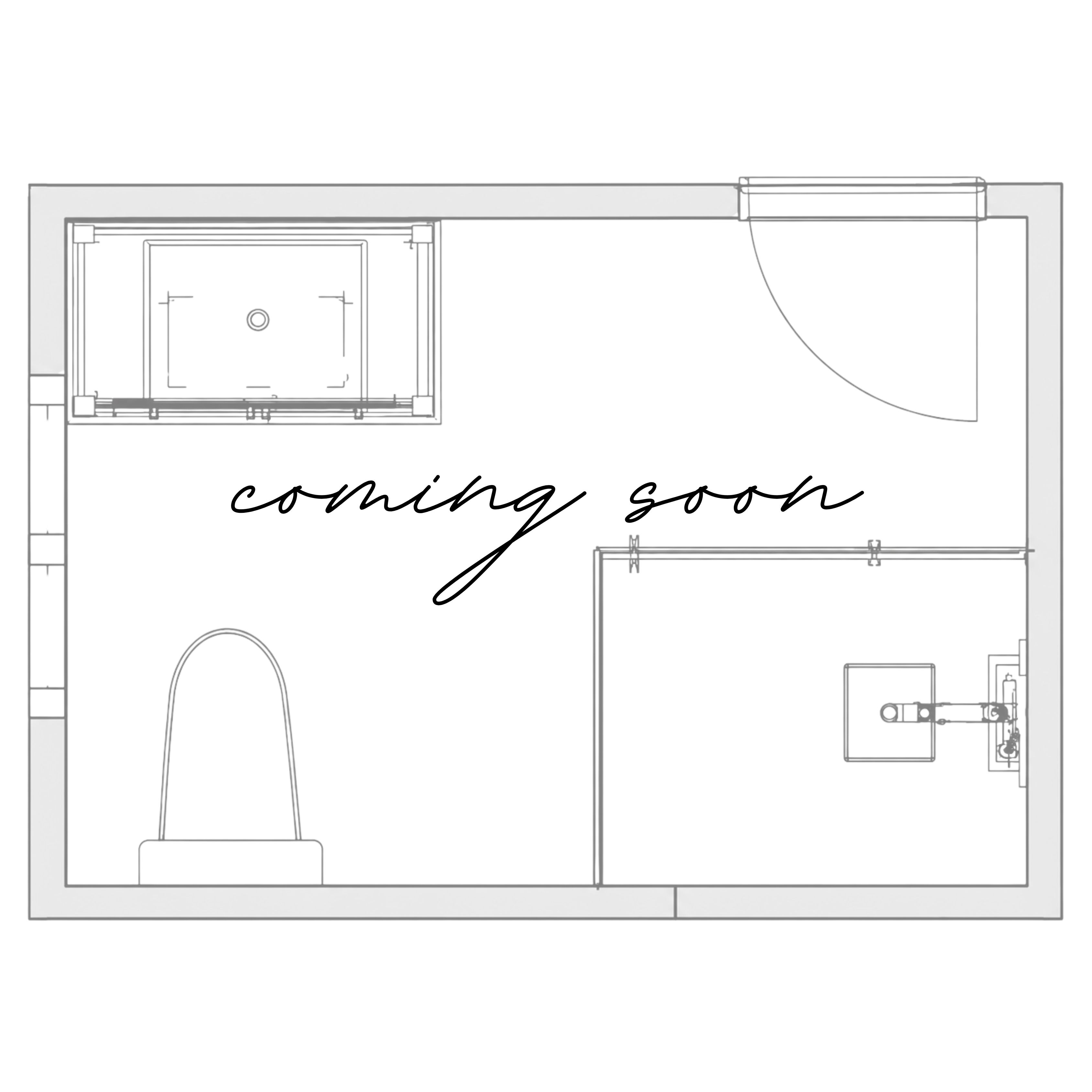 New floorplan for a primary bath renovation with coming soon text