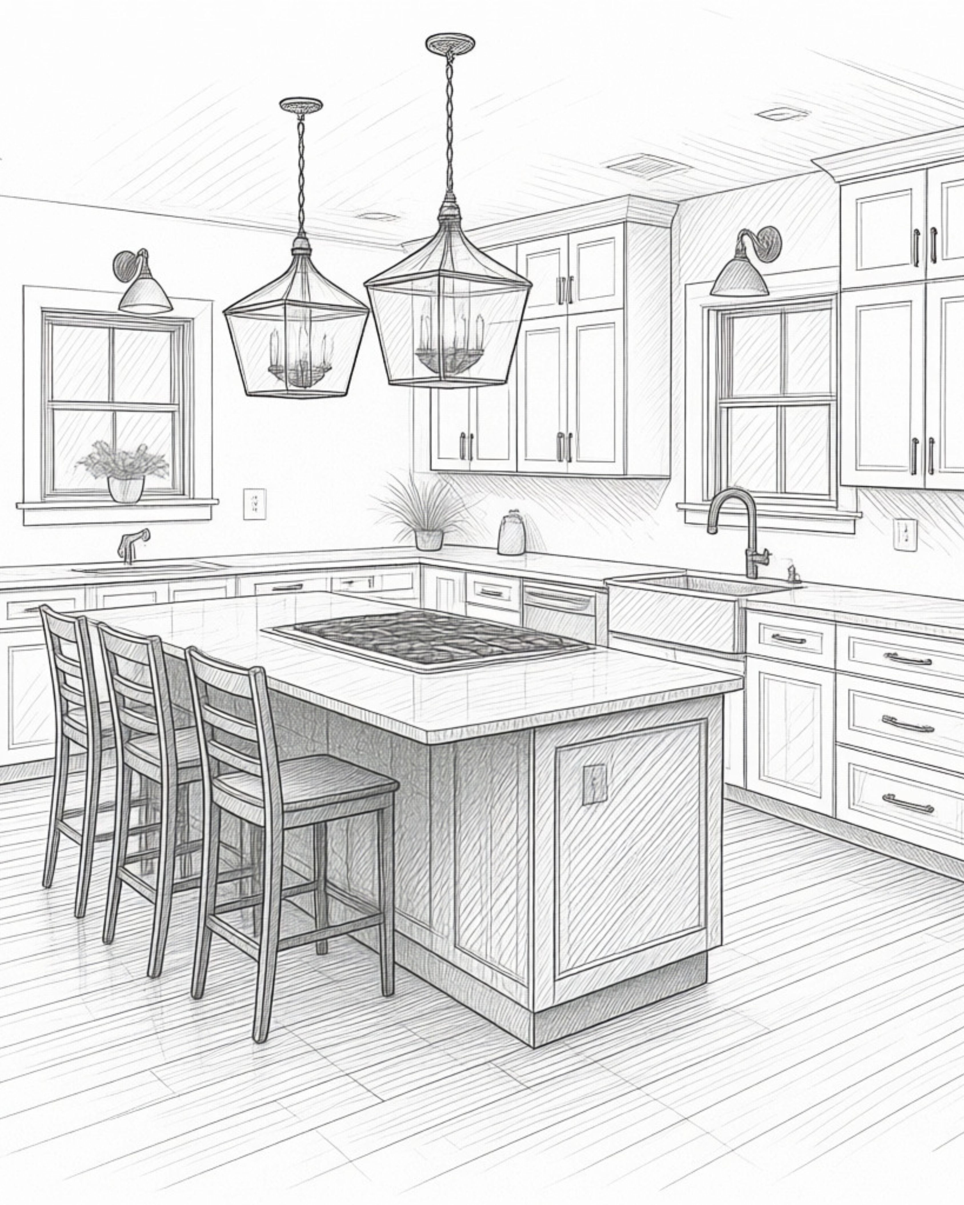 A photo sketch of a bathroom with a single bowl vanity, mirror and light fixture above.
