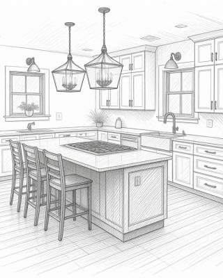 A photo sketch of a bathroom with a single bowl vanity, mirror and light fixture above.