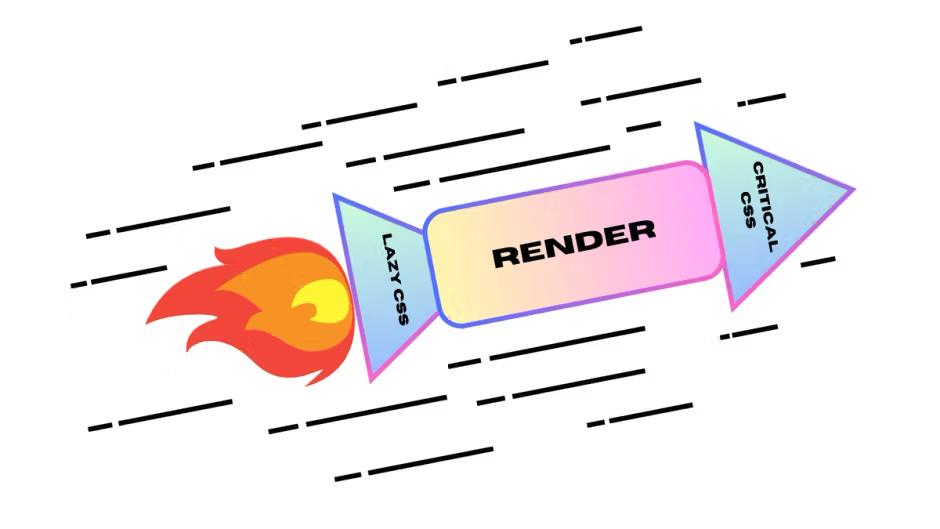 Rocket graphic labeled Lazy CSS, Render, and Critical CSS, symbolizing fast page rendering performance.